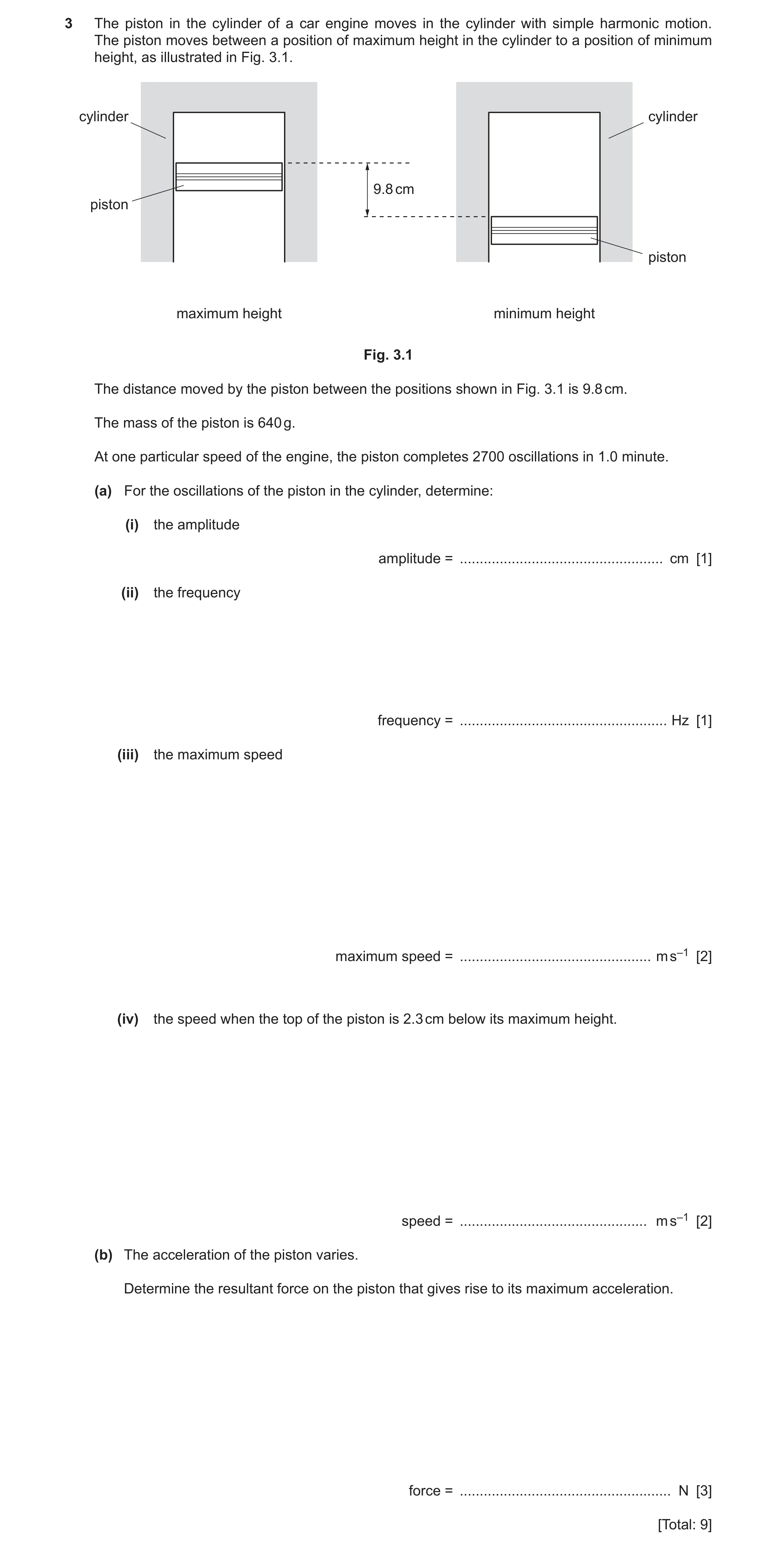 Question 24: The piston in the cylinder of a car engine moves in the cylinder with simple harmonic motion. The piston moves between a position of maximu…