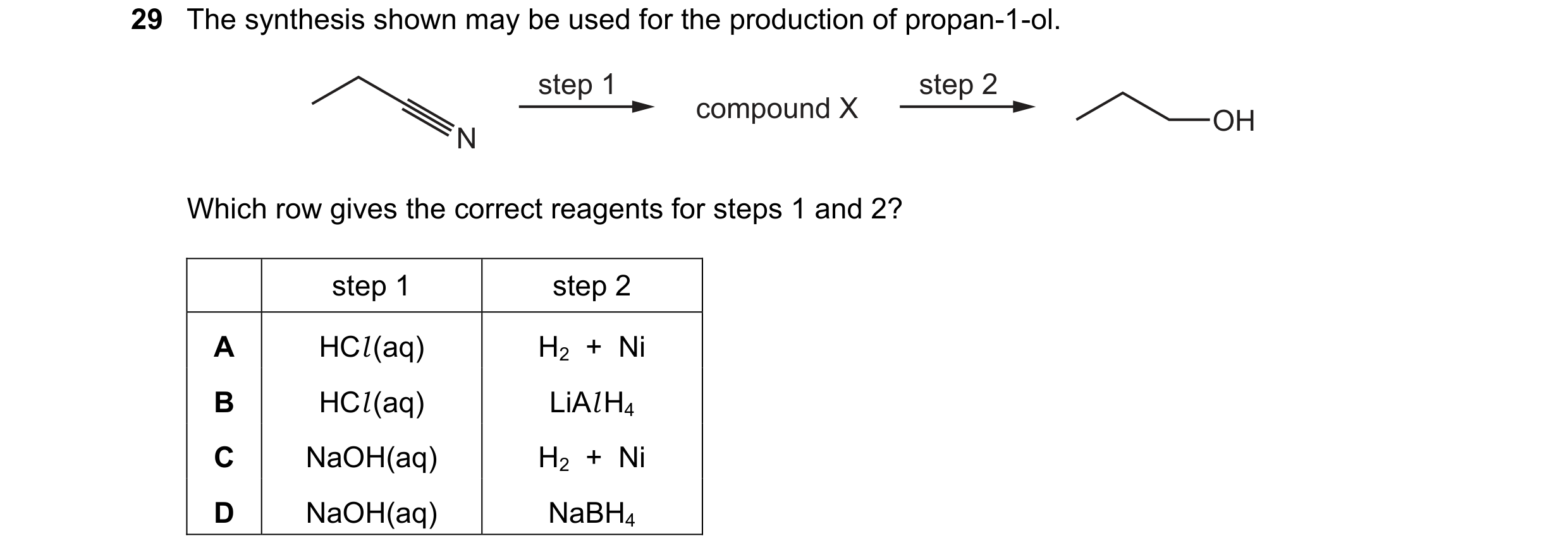 Question 88: The synthesis shown may be used for the production of propan-1-ol. step 1 step 2 compound X OH N Which row gives the correct reagents for s…