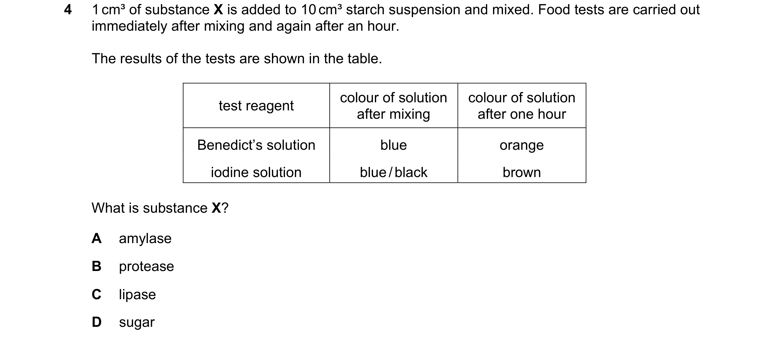 Question 6: 1 cm³ of substance X is added to 10 cm³ starch suspension and mixed. Food tests are carried out immediately after mixing and again after an…