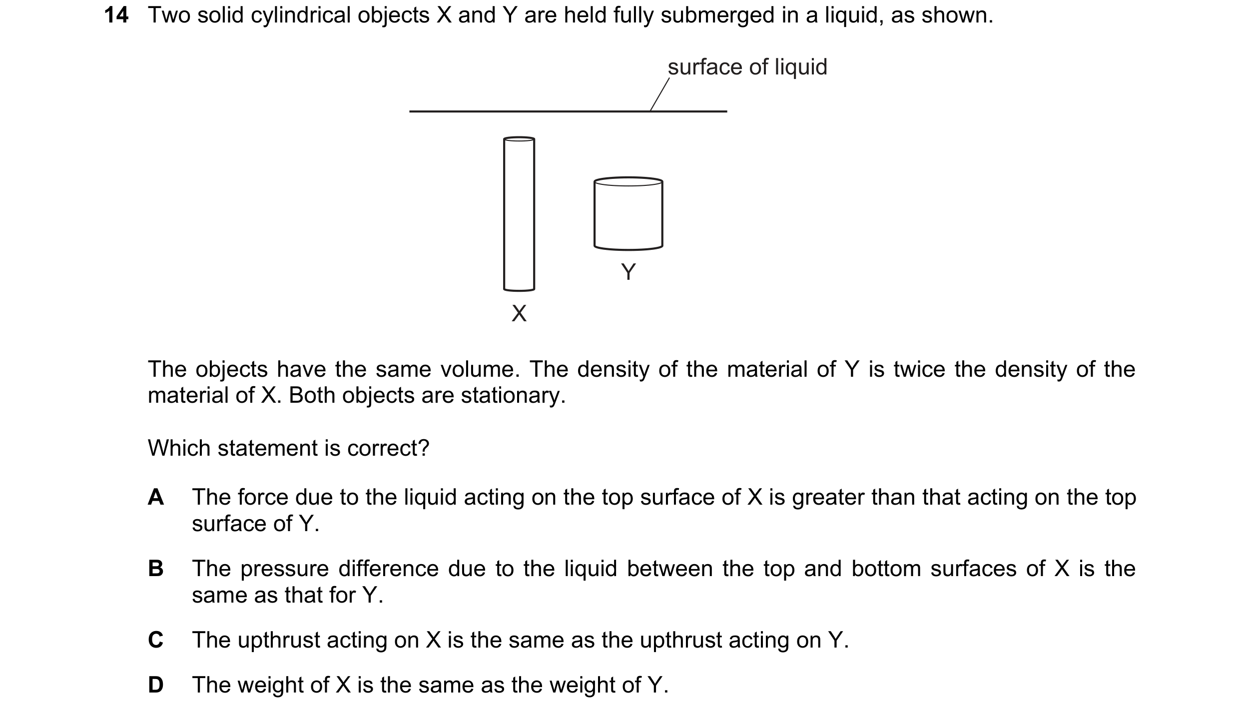 Question 159: Two solid cylindrical objects X and Y are held fully submerged in a liquid, as shown. surface of liquid Y X The objects have the same volum…