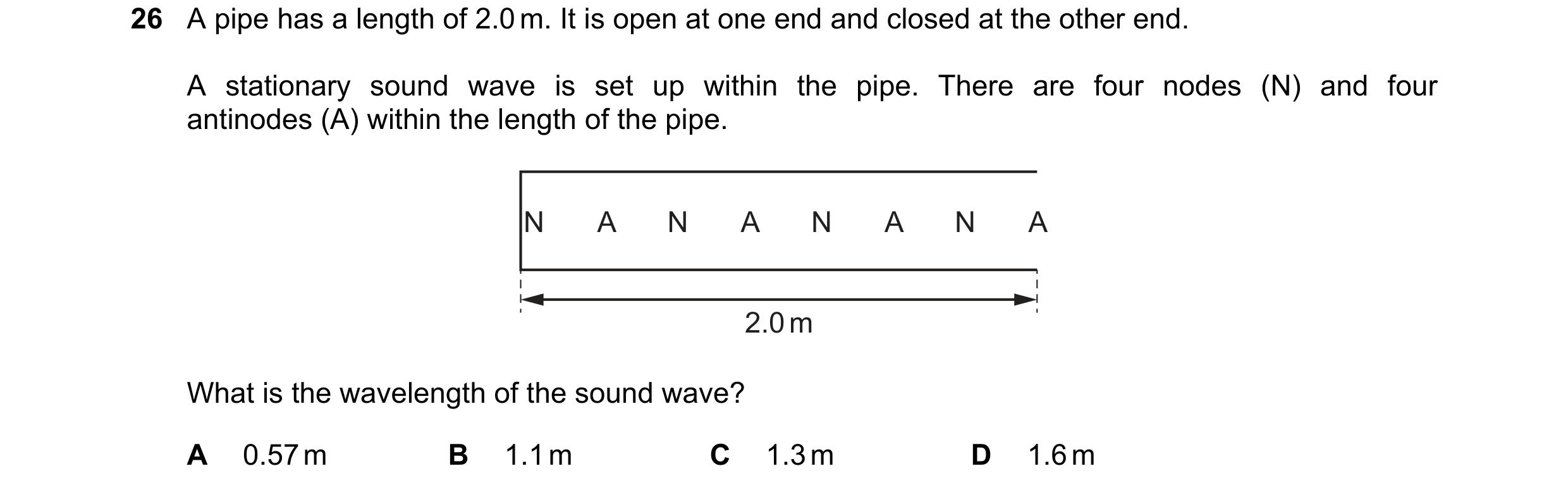 Question 117: A pipe has a length of 2.0 m. It is open at one end and closed at the other end. A stationary sound wave is set up within the pipe. There a…