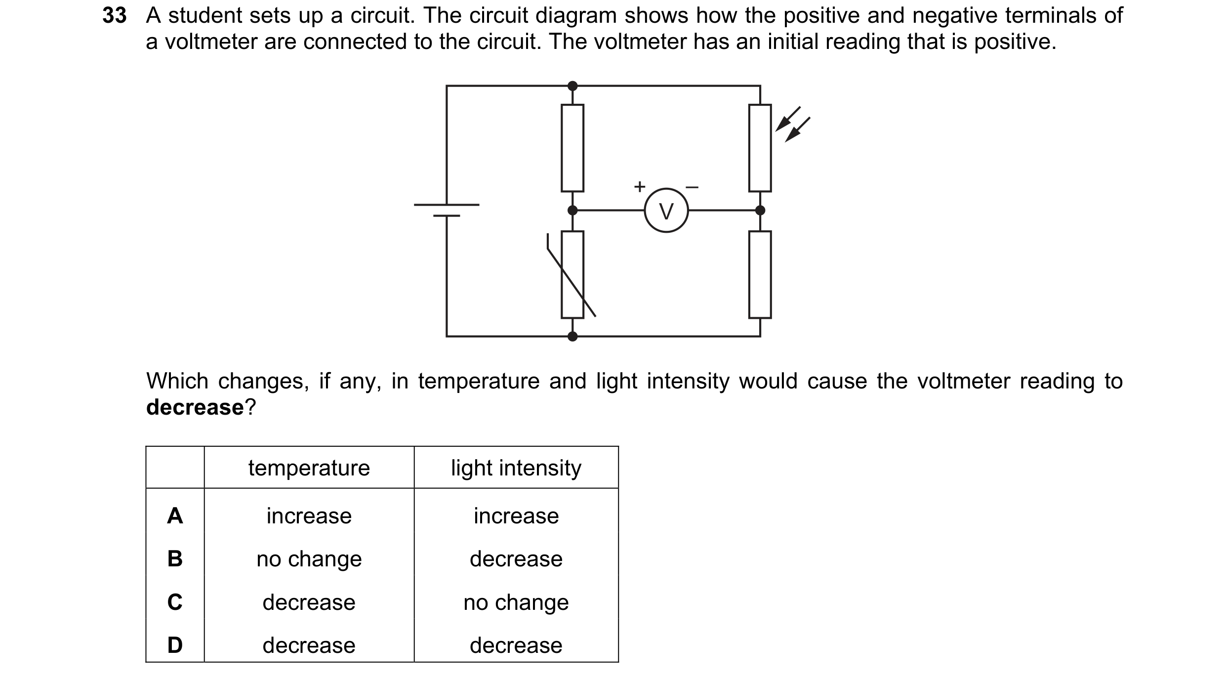 Question 195: A student sets up a circuit. The circuit diagram shows how the positive and negative terminals of a voltmeter are connected to the circuit.…