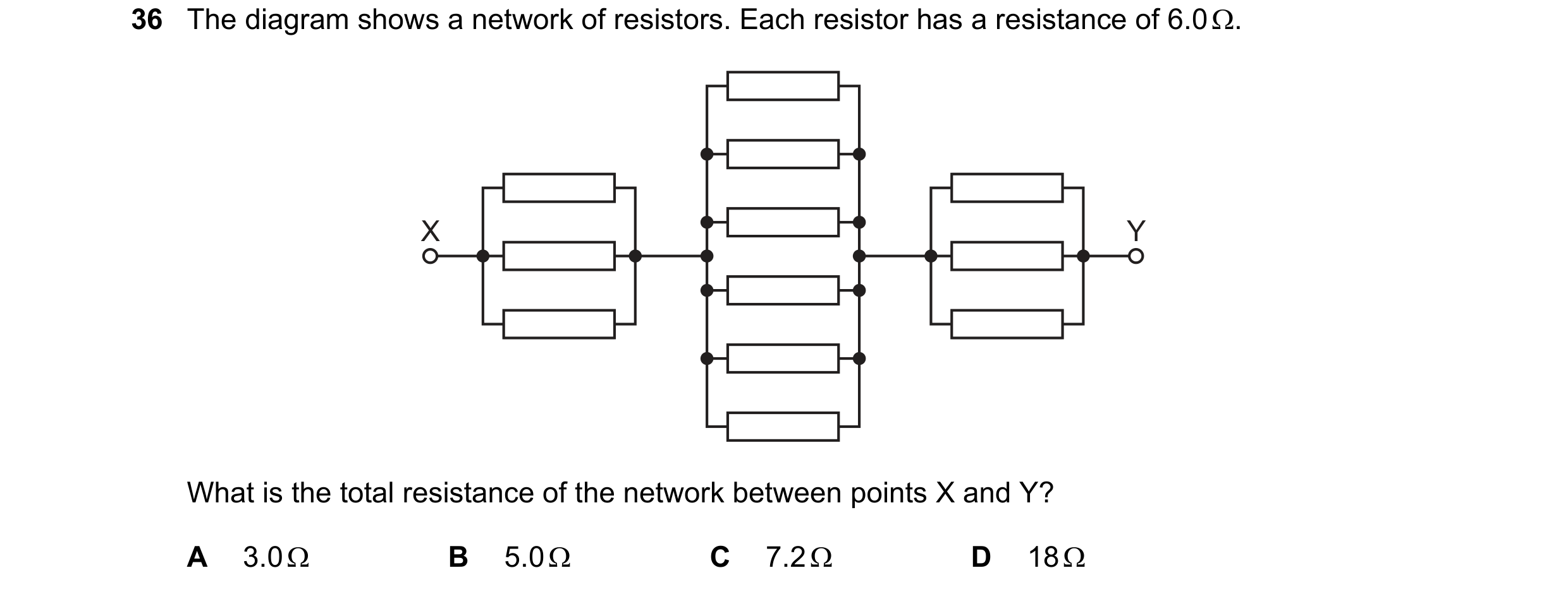 Question 196: The diagram shows a network of resistors. Each resistor has a resistance of 6.0 Ω. X Y What is the total resistance of the network between …