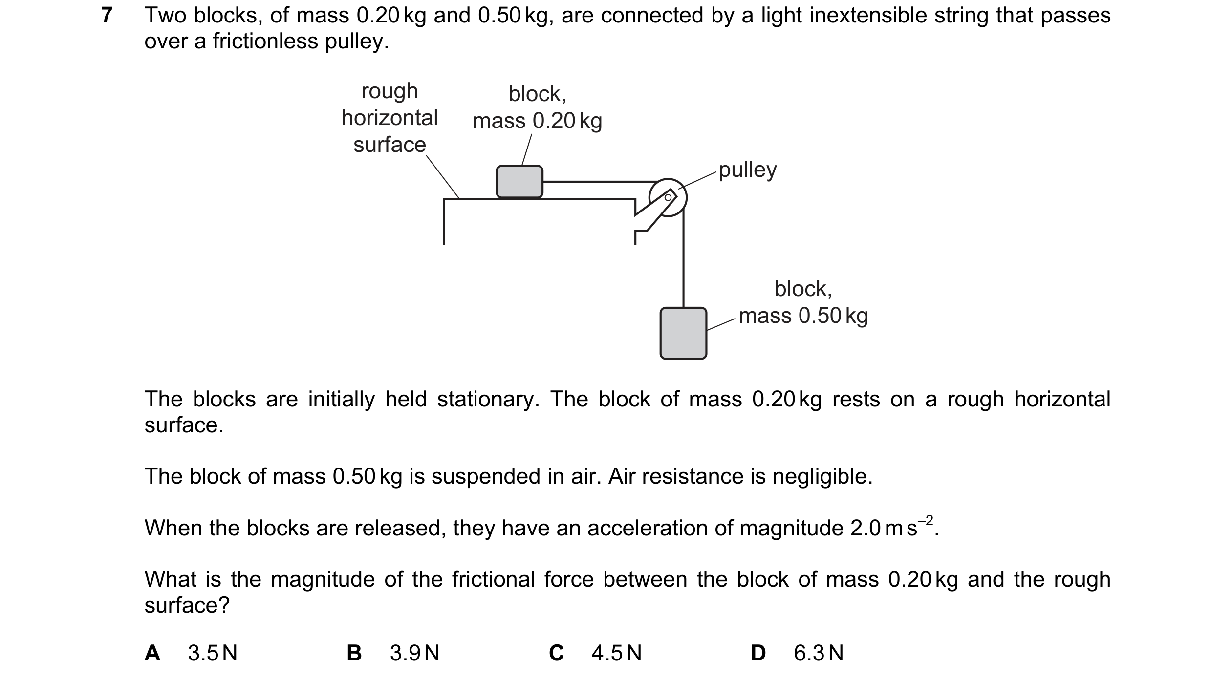 Question 137: Two blocks, of mass 0.20 kg and 0.50 kg, are connected by a light inextensible string that passes over a frictionless pulley. rough block, …