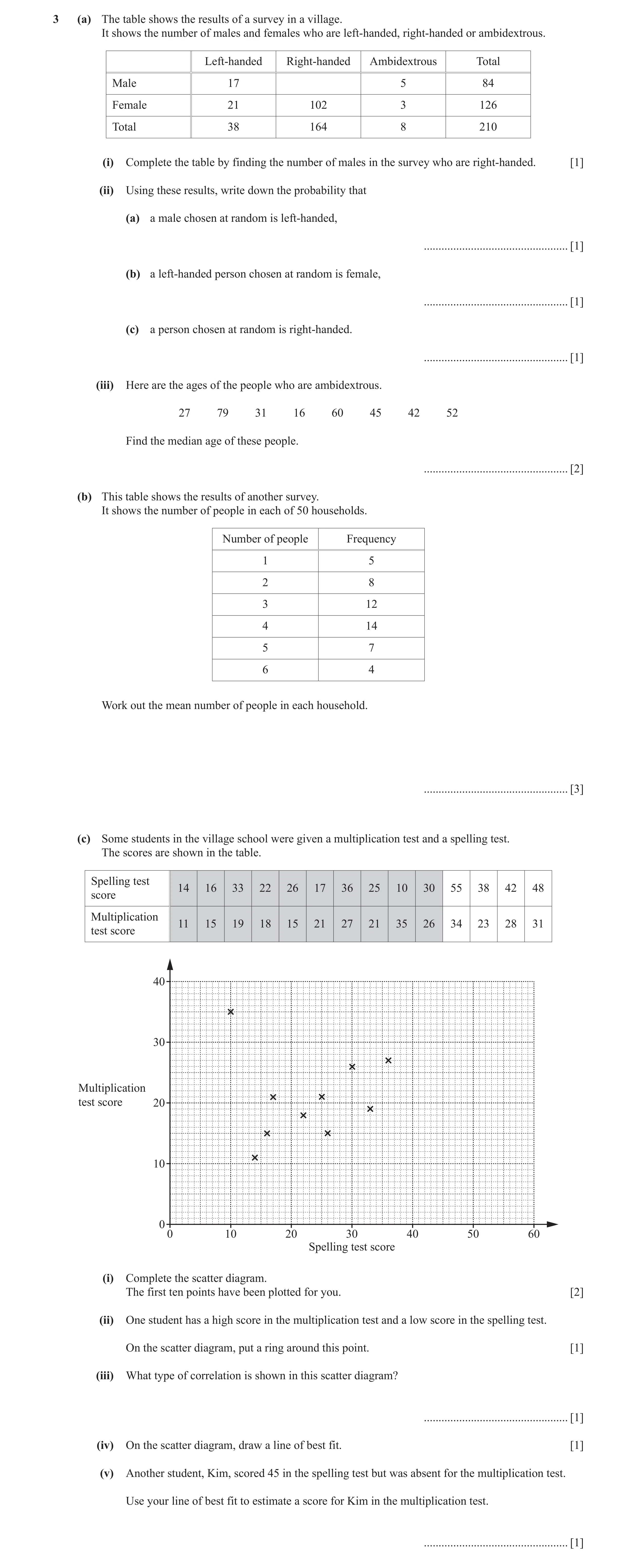 Question 16: (a) The table shows the results of a survey in a village. It shows the number of males and females who are left-handed, right-handed or amb…