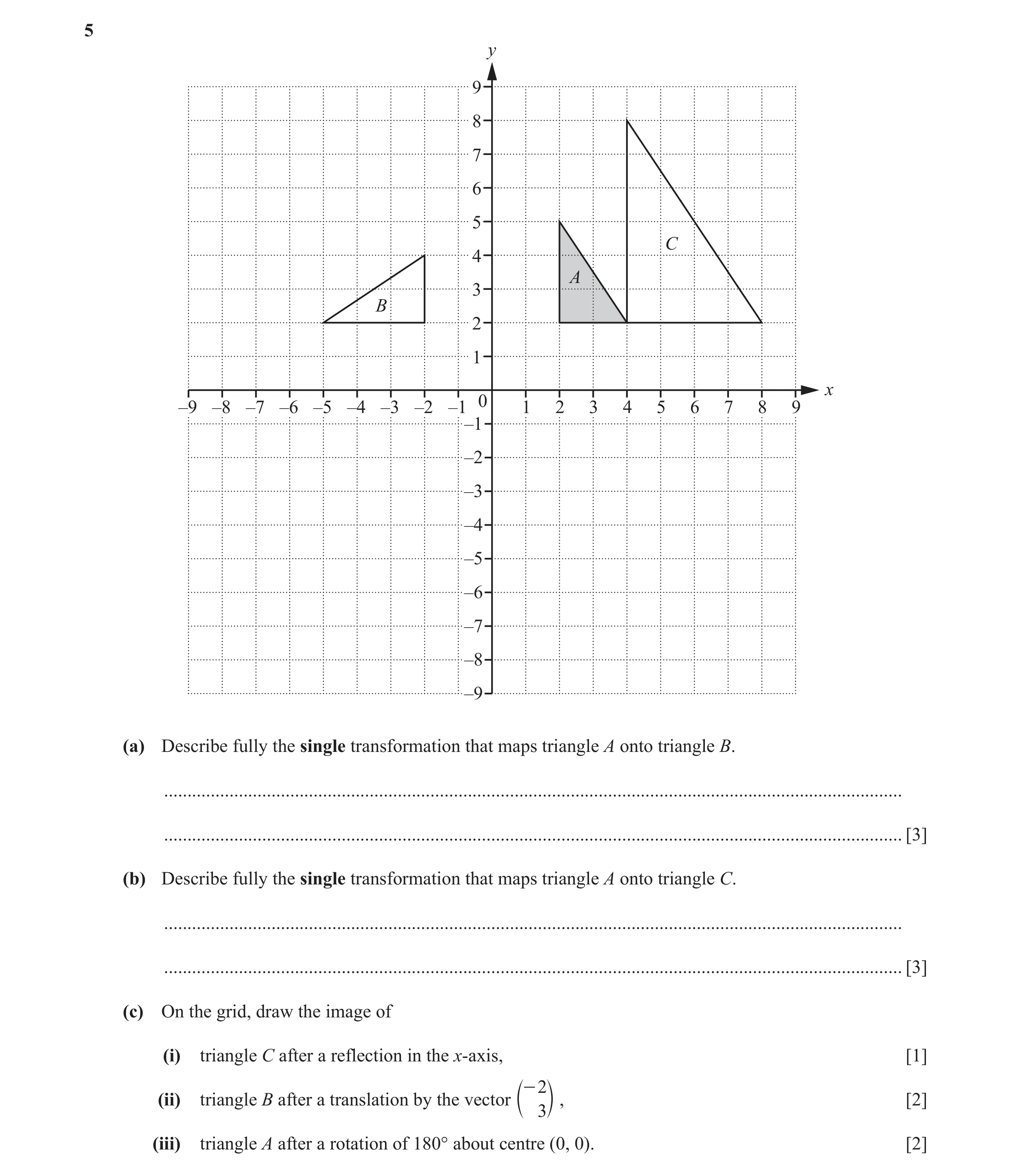 Question 46: y 9 8 7 6 5 C 4 A 3 B 2 1 x 0 –9 –8 –7 –6 –5 –4 –3 –2 –1 1 2 3 4 5 6 7 8 9 –1 –2 –3 –4 –5 –6 –7 –8 –9 (a) Describe fully the single transfo…