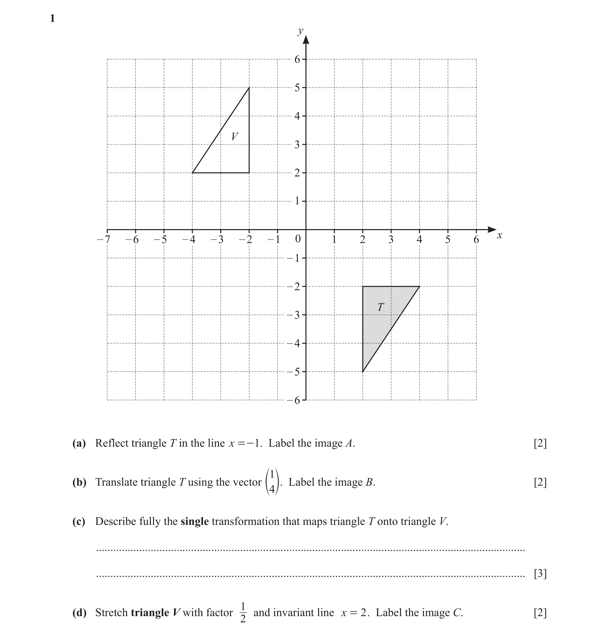 Question 39: y 6 5 4 V 3 2 1 x – 7 – 6 – 5 – 4 – 3 – 2 – 1 0 1 2 3 4 5 6 – 1 – 2 T – 3 – 4 – 5 – 6 (a) Reflect triangle T in the line x =- 1. Label the …