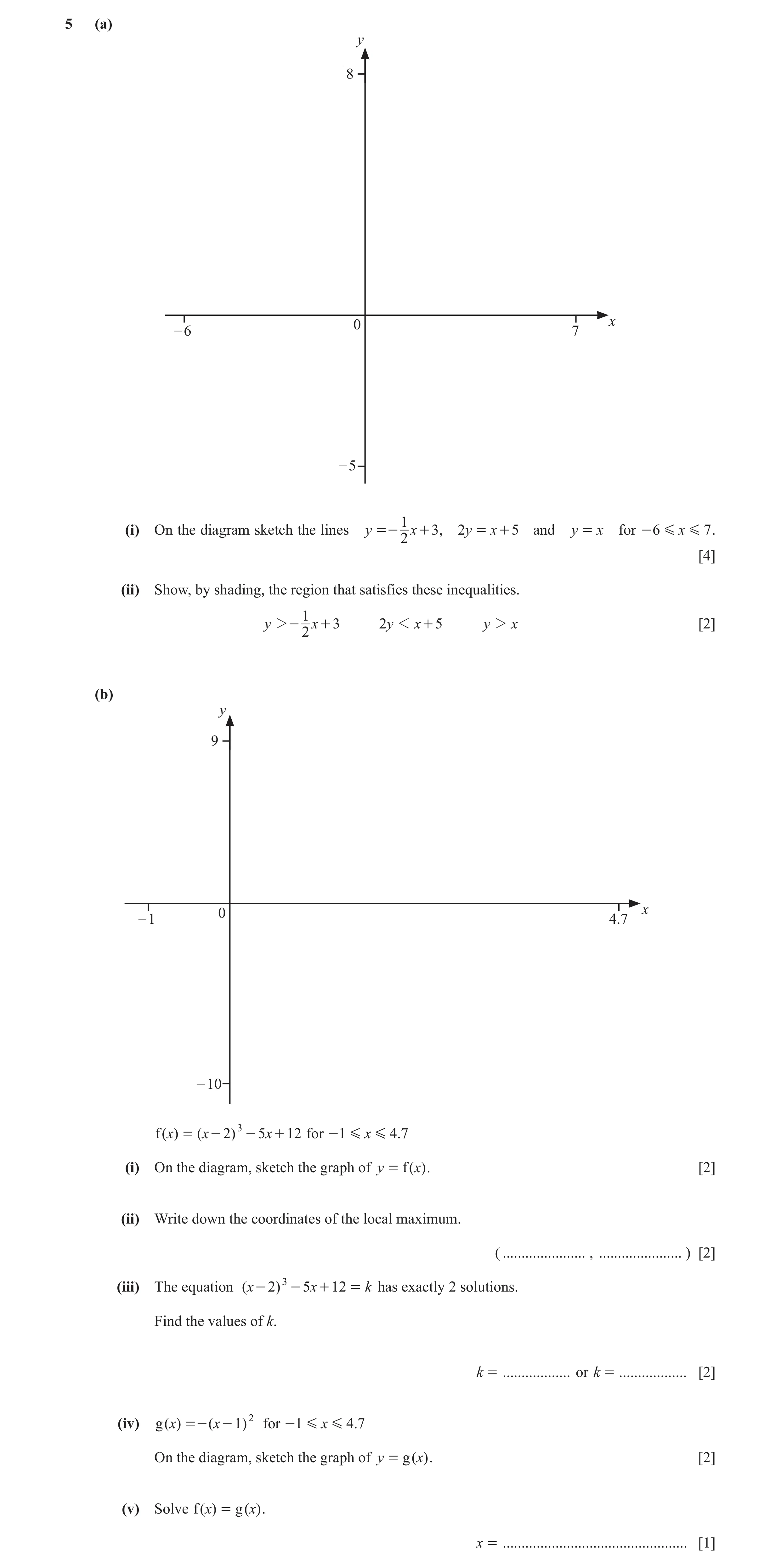 Question 21: (a) y 8 0 x – 6 7 – 5 1 (i) On the diagram sketch the lines y =- x + 3 , 2y = x + 5 and y = x for - 6 G x G 7 . 2 [4] (ii) Show, by shading…
