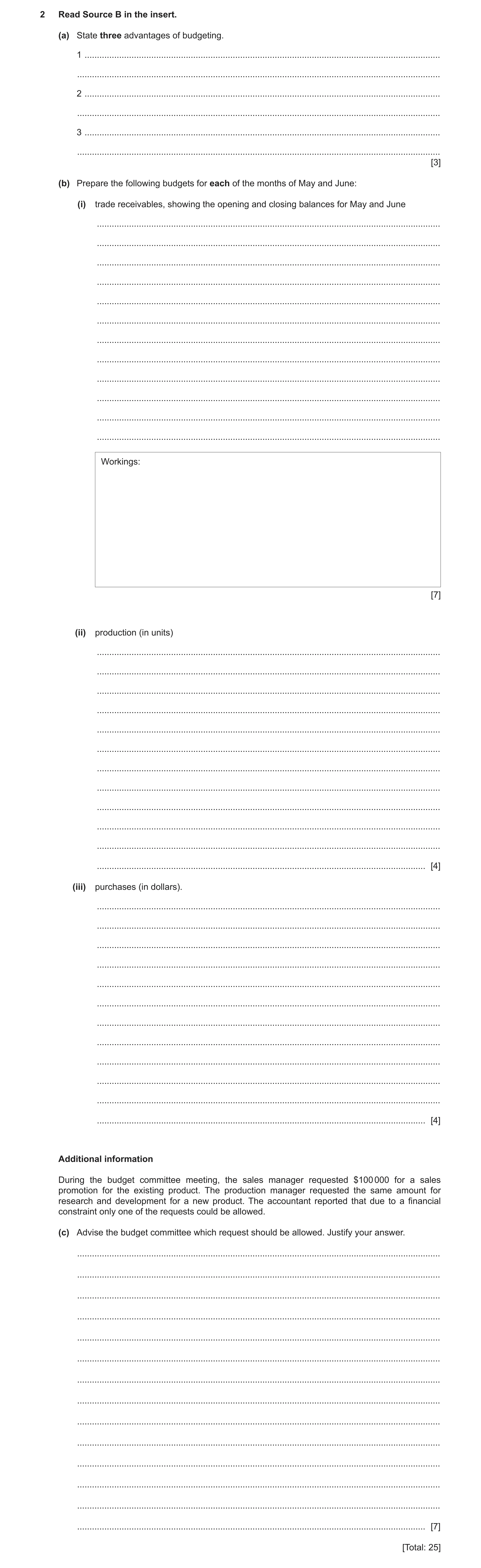 Question 5: Read Source B in the insert. (a) State three advantages of budgeting. 1 ...................................................................…