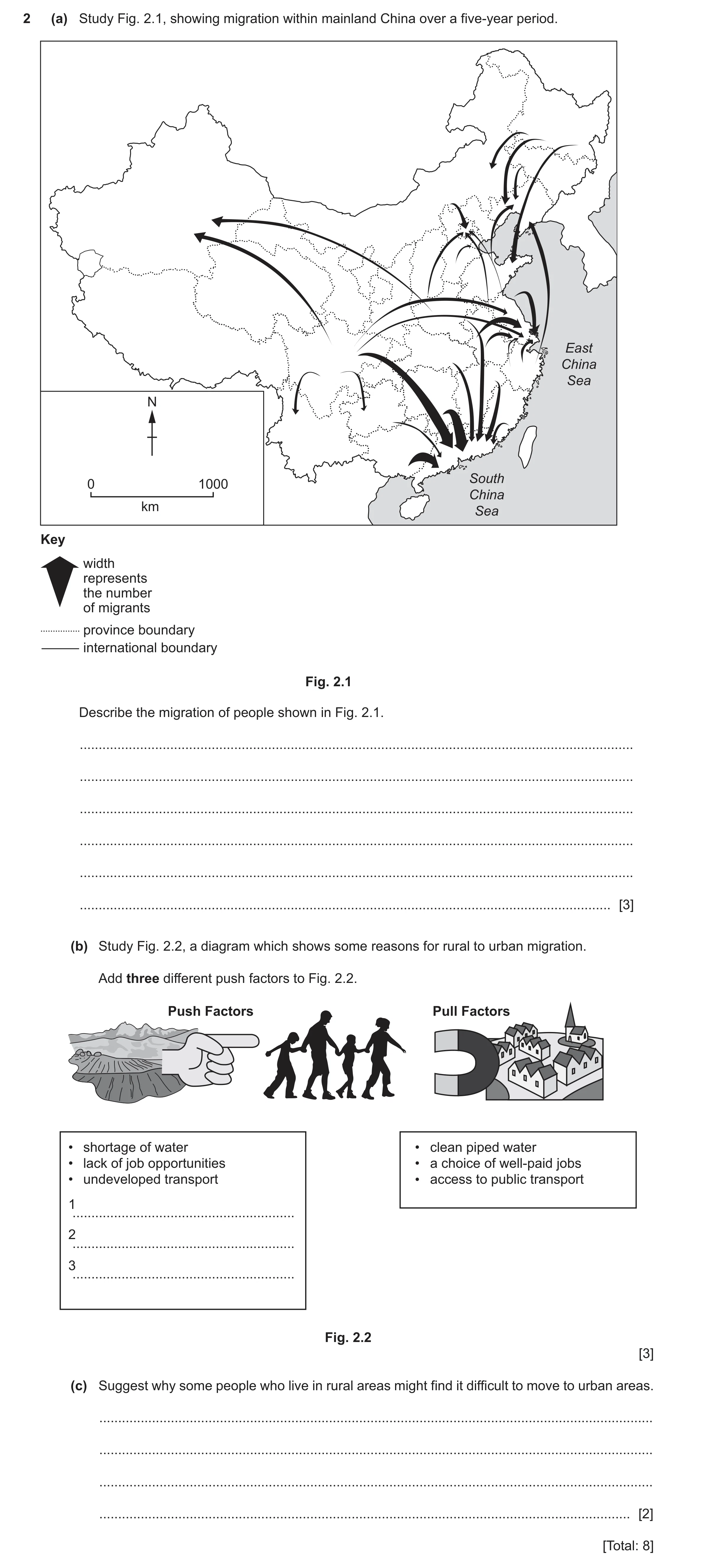Question 17: (a) Study Fig. 2.1, showing migration within mainland China over a five-year period. East China Sea N South 0 1000 China km Sea Key width r…