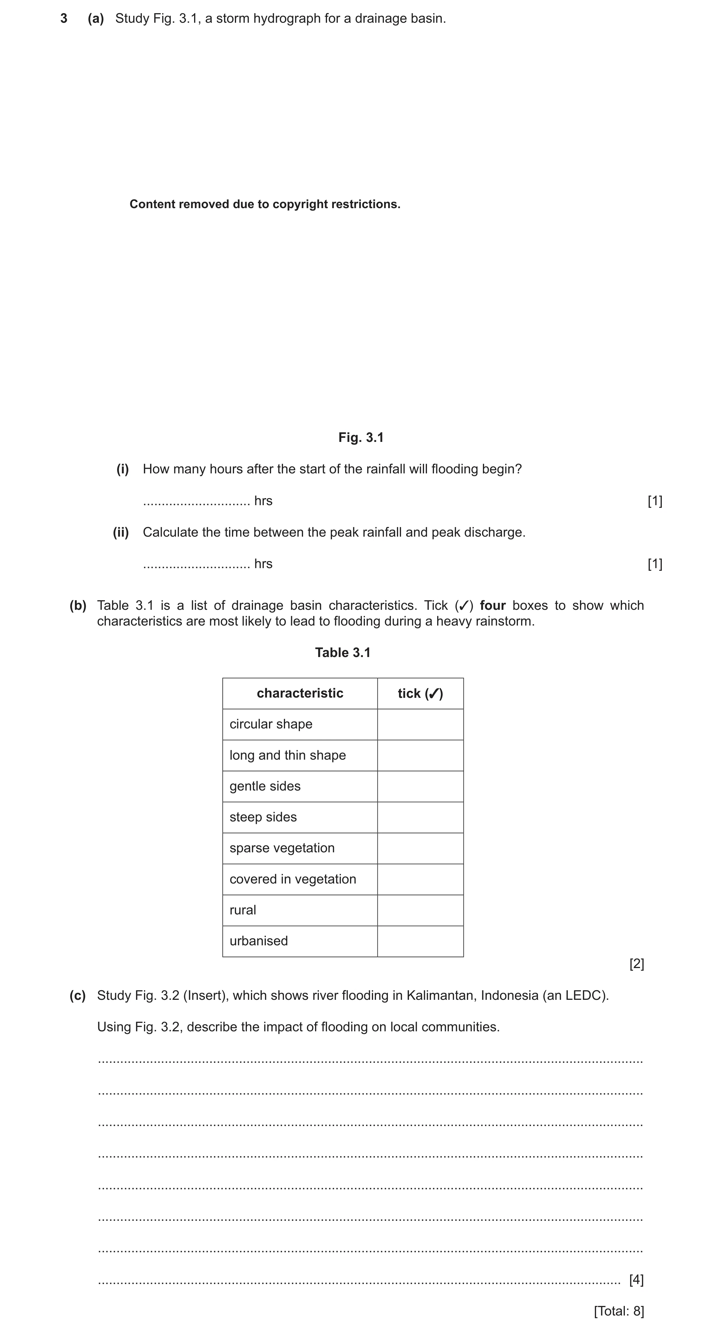 Question 50: (a) Study Fig. 3.1, a storm hydrograph for a drainage basin. Content removed due to copyright restrictions. Fig. 3.1 (i) How many hours aft…