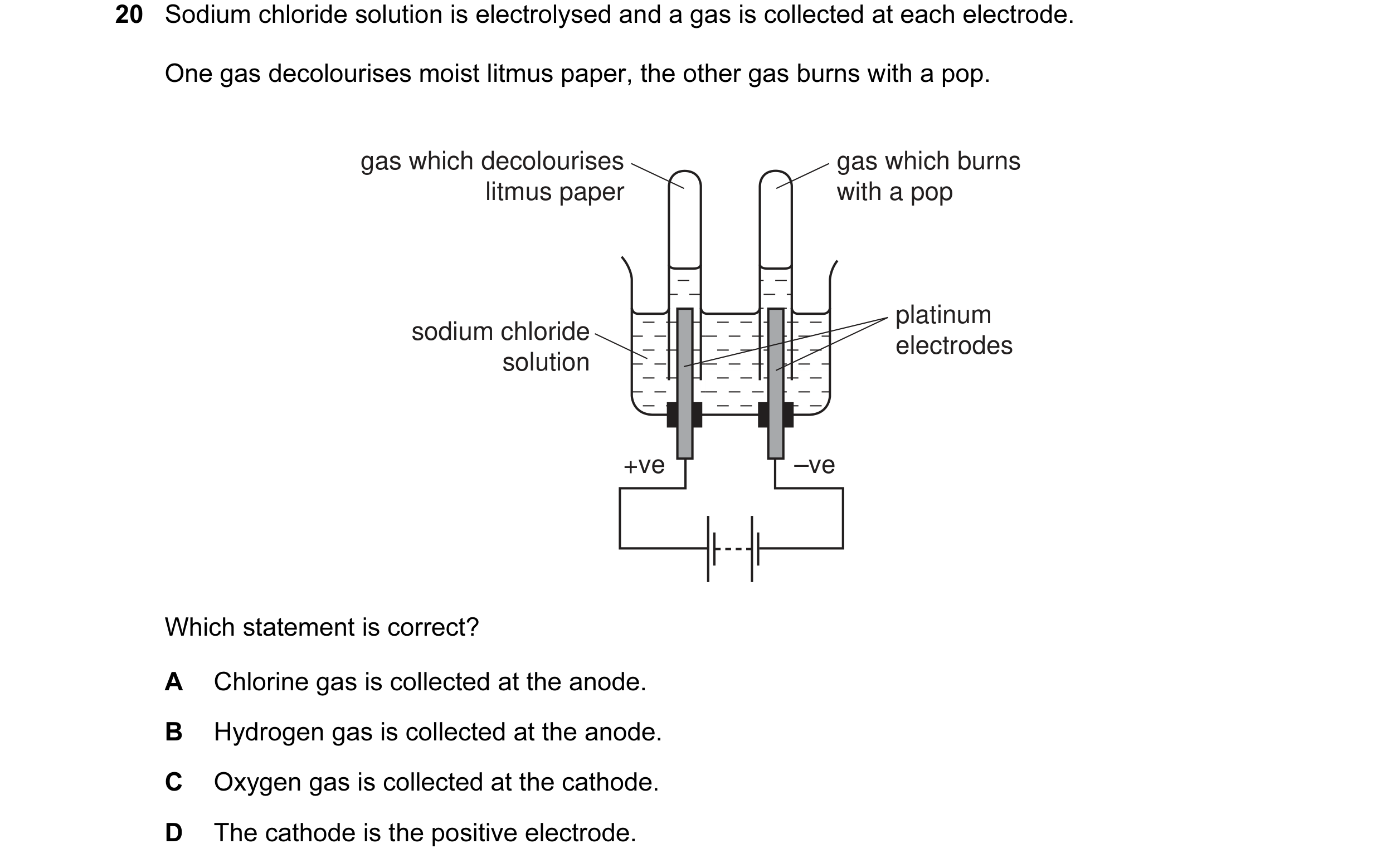 Question 14: Sodium chloride solution is electrolysed and a gas is collected at each electrode. One gas decolourises moist litmus paper, the other gas b…