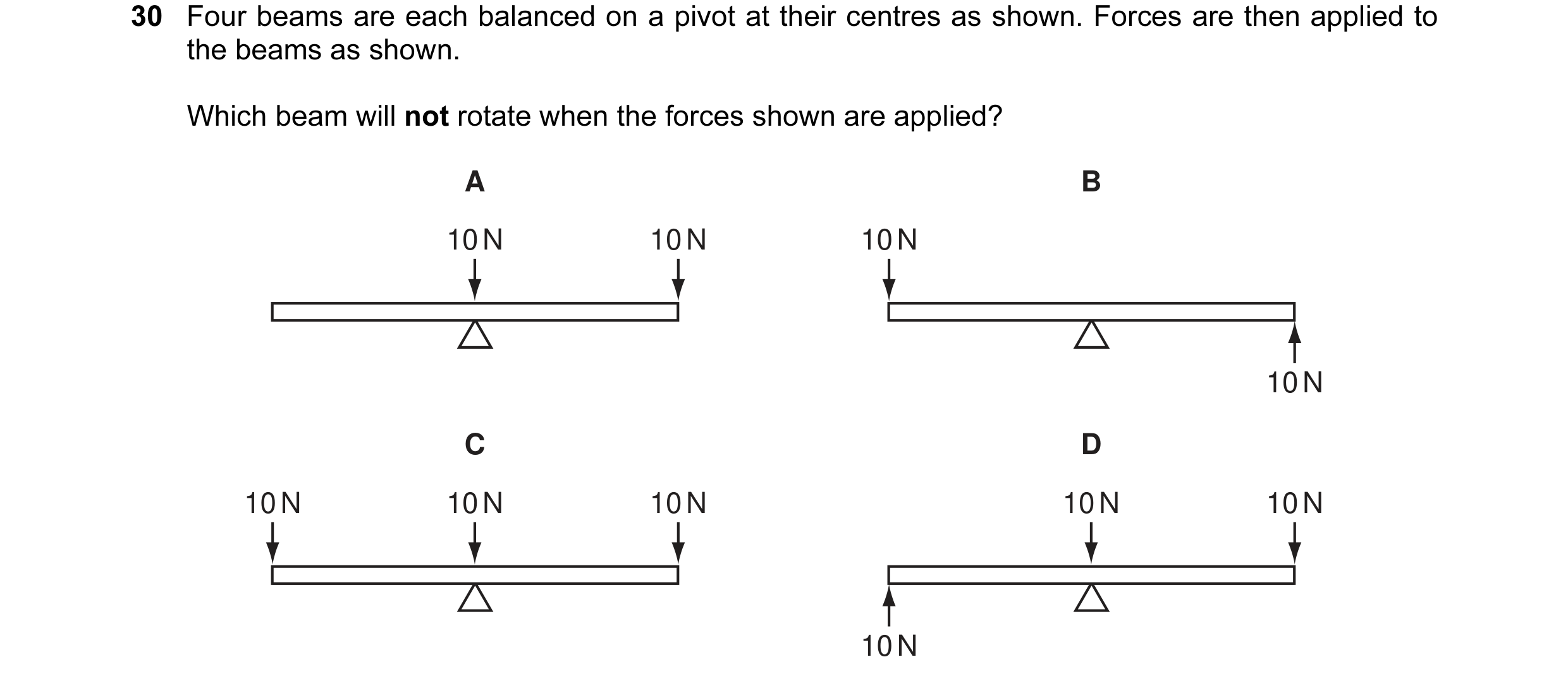 Question 9: Four beams are each balanced on a pivot at their centres as shown. Forces are then applied to the beams as shown. Which beam will not rotat…