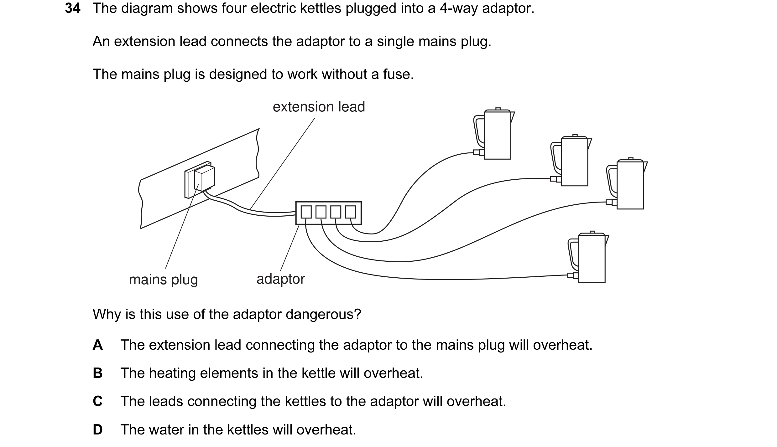 Question 6: The diagram shows four electric kettles plugged into a 4-way adaptor. An extension lead connects the adaptor to a single mains plug. The ma…