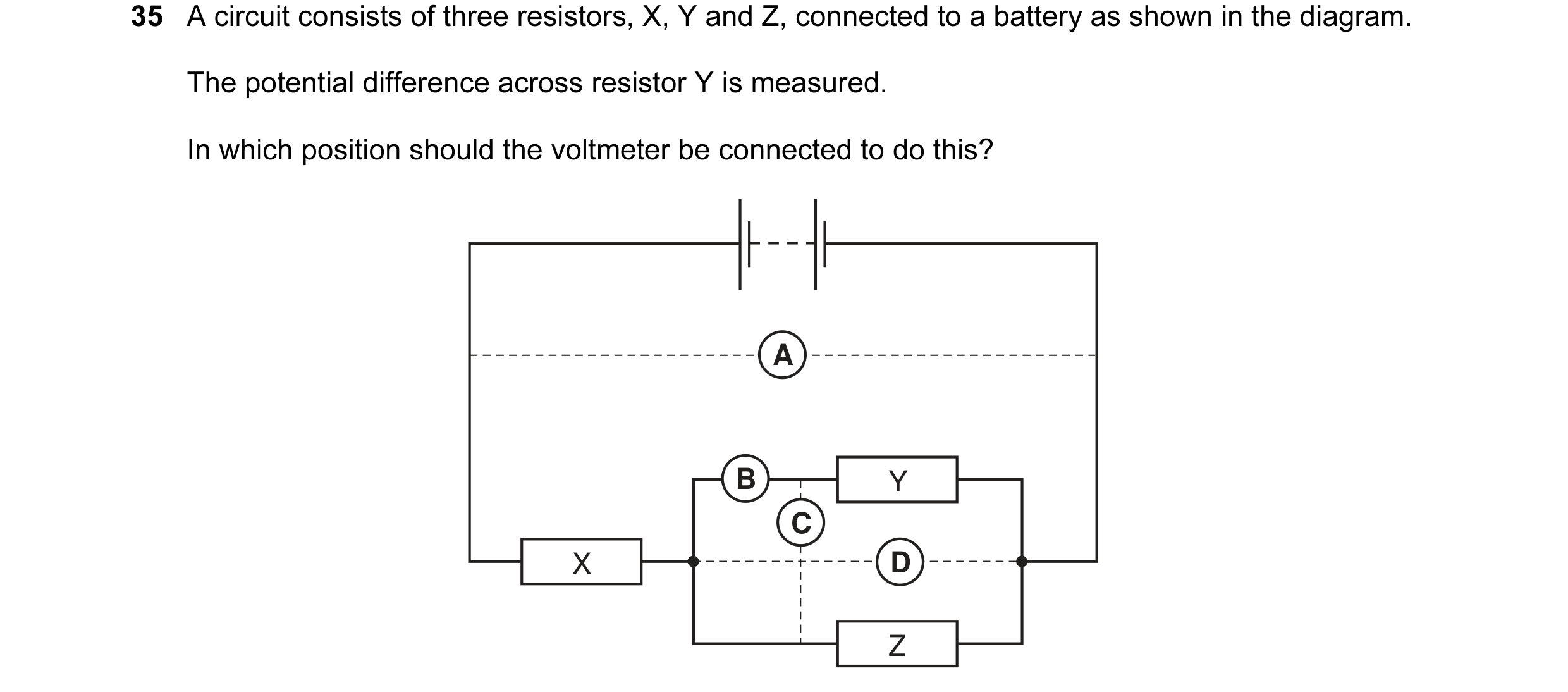 Question 15: A circuit consists of three resistors, X, Y and Z, connected to a battery as shown in the diagram. The potential difference across resistor…
