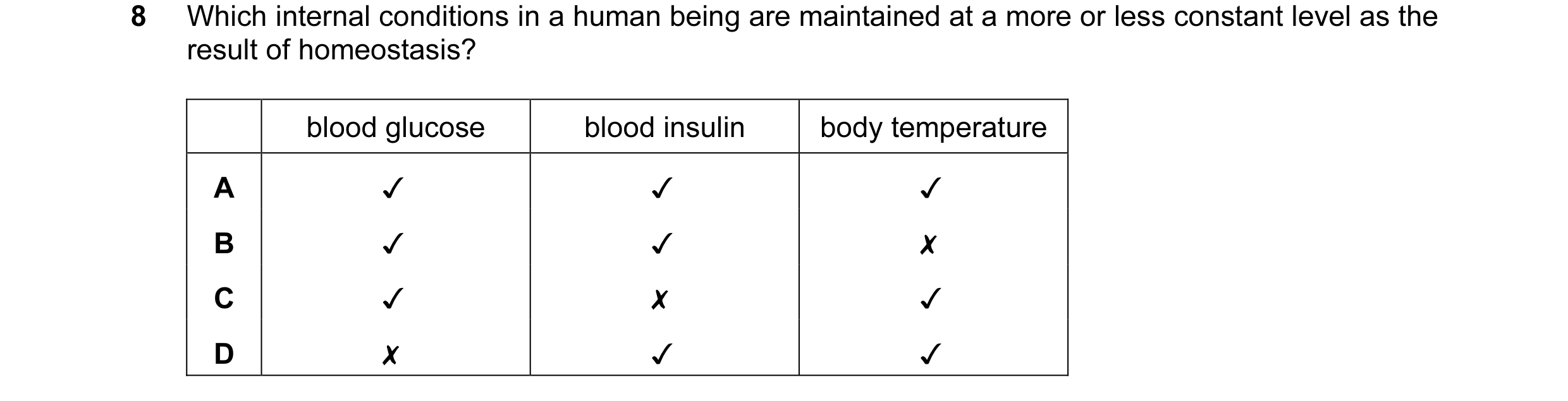 Question 10: Which internal conditions in a human being are maintained at a more or less constant level as the
result of homeostasis?
blood glucose blo…