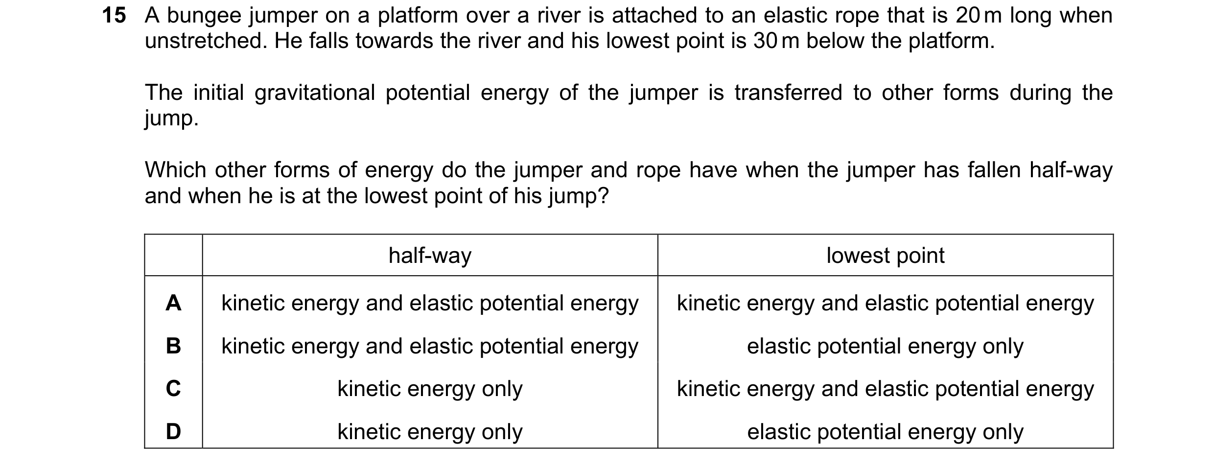 Question 94: A bungee jumper on a platform over a river is attached to an elastic rope that is 20 m long when unstretched. He falls towards the river an…