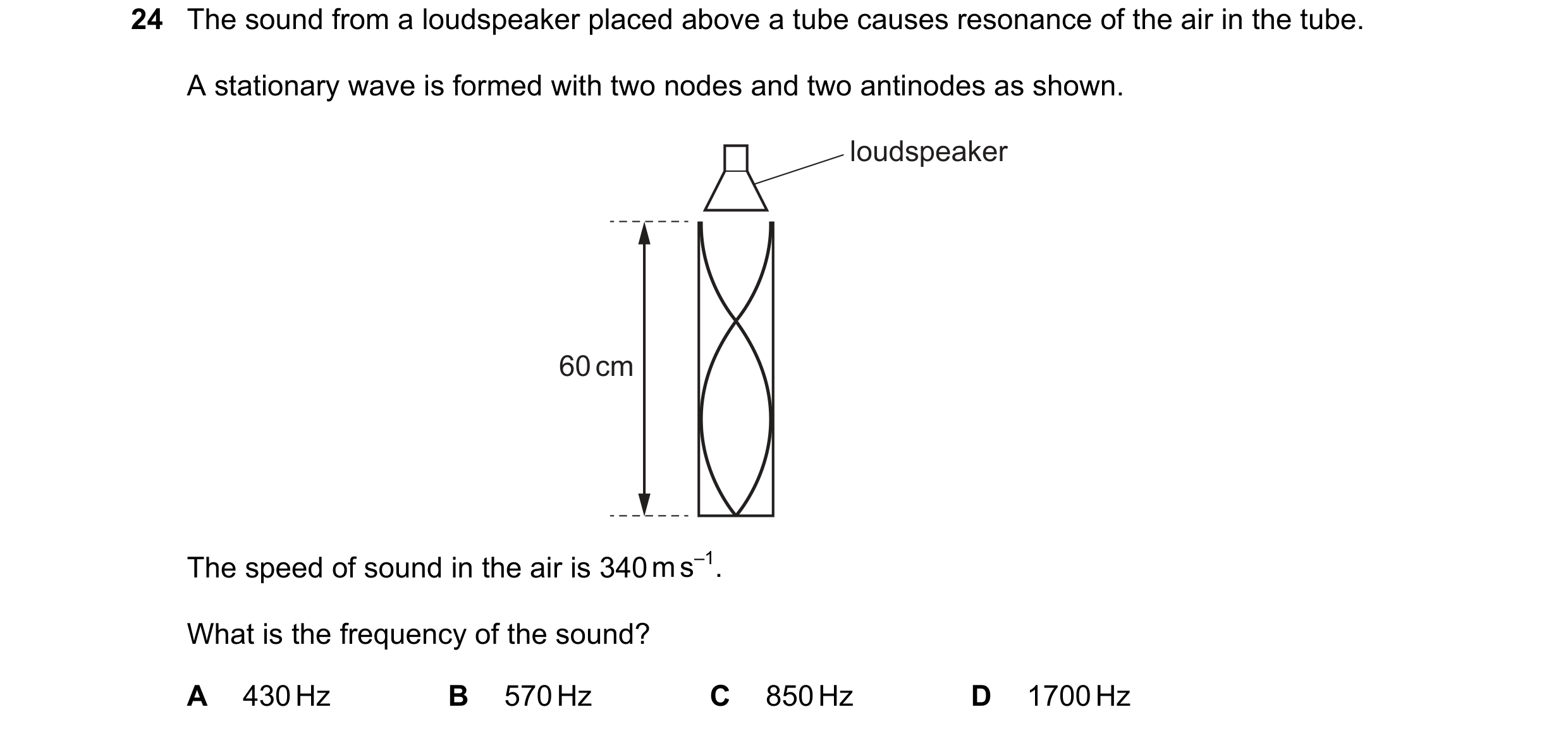 Question 70: The sound from a loudspeaker placed above a tube causes resonance of the air in the tube. A stationary wave is formed with two nodes and tw…