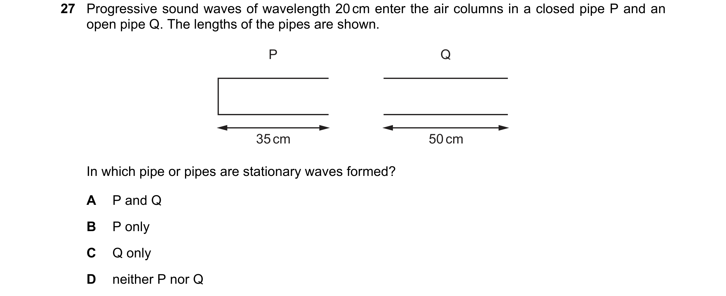 Question 71: Progressive sound waves of wavelength 20 cm enter the air columns in a closed pipe P and an open pipe Q. The lengths of the pipes are shown…