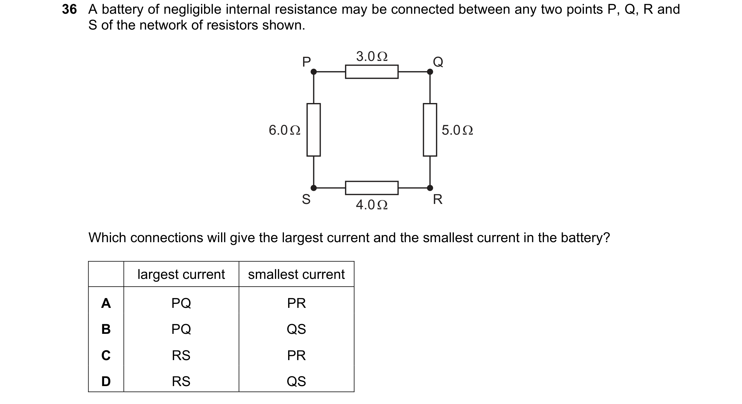 Question 138: A battery of negligible internal resistance may be connected between any two points P, Q, R and S of the network of resistors shown. P 3.0 …