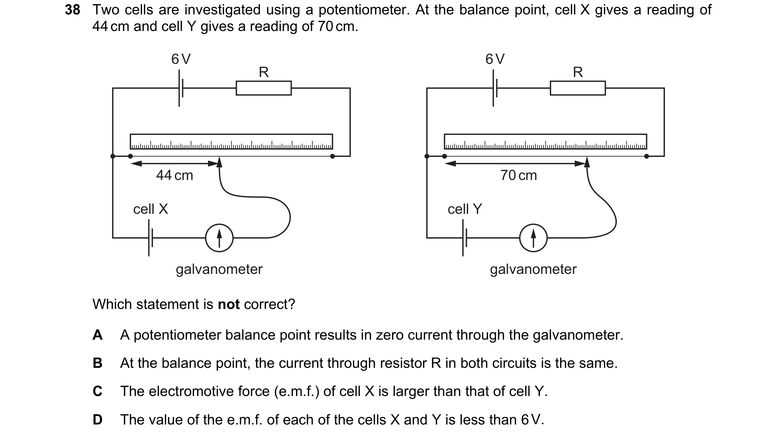 Question 73: Two cells are investigated using a potentiometer. At the balance point, cell X gives a reading of 44 cm and cell Y gives a reading of 70 cm…