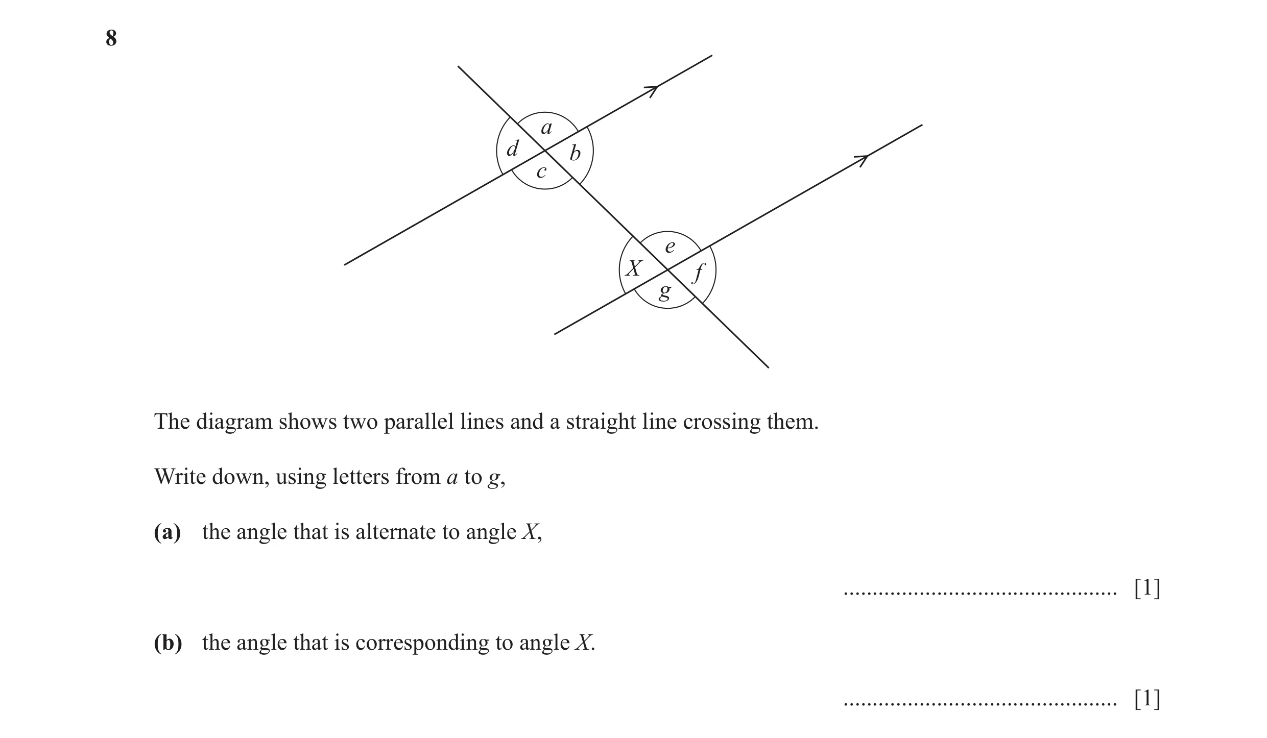 Question 81: a d b c e X f g The diagram shows two parallel lines and a straight line crossing them. Write down, using letters from a to g, (a) the angl…