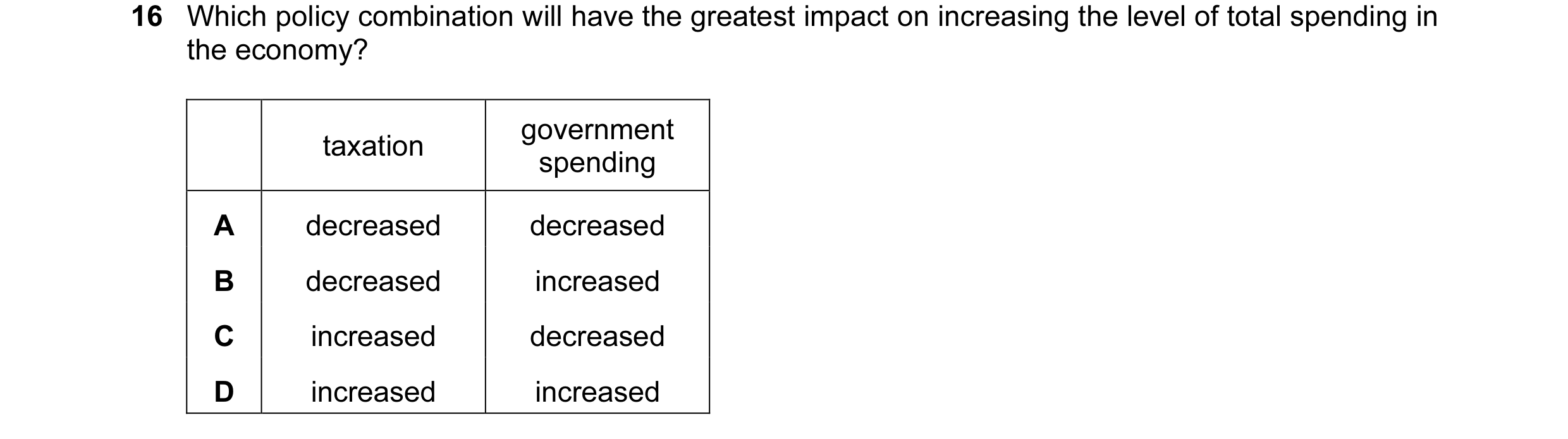 Question 81: Which policy combination will have the greatest impact on increasing the level of total spending in the economy? government taxation spendi…