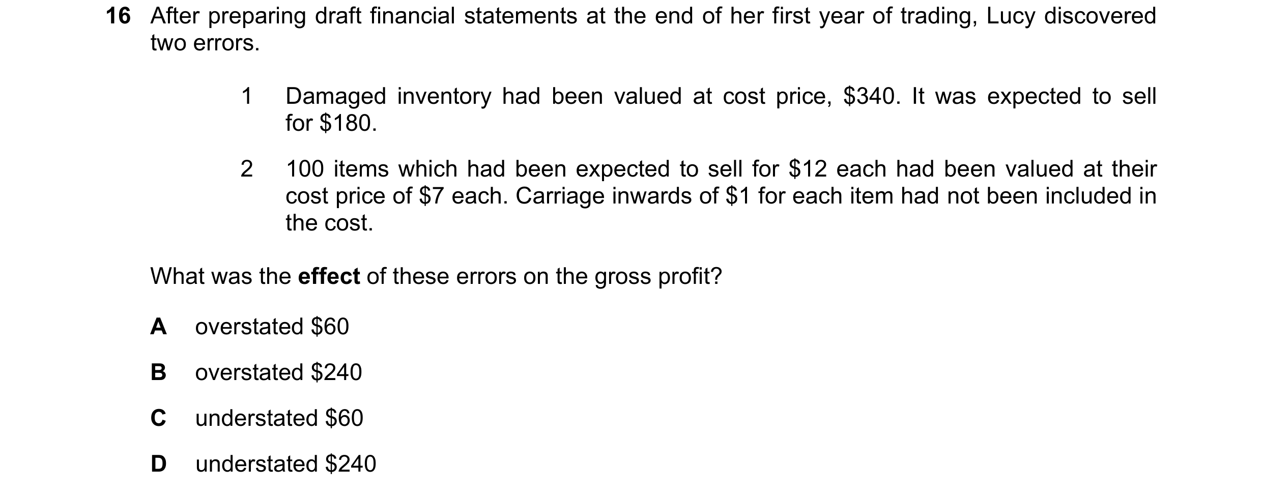 Question 18: After preparing draft financial statements at the end of her first year of trading, Lucy discovered two errors. 1 Damaged inventory had bee…