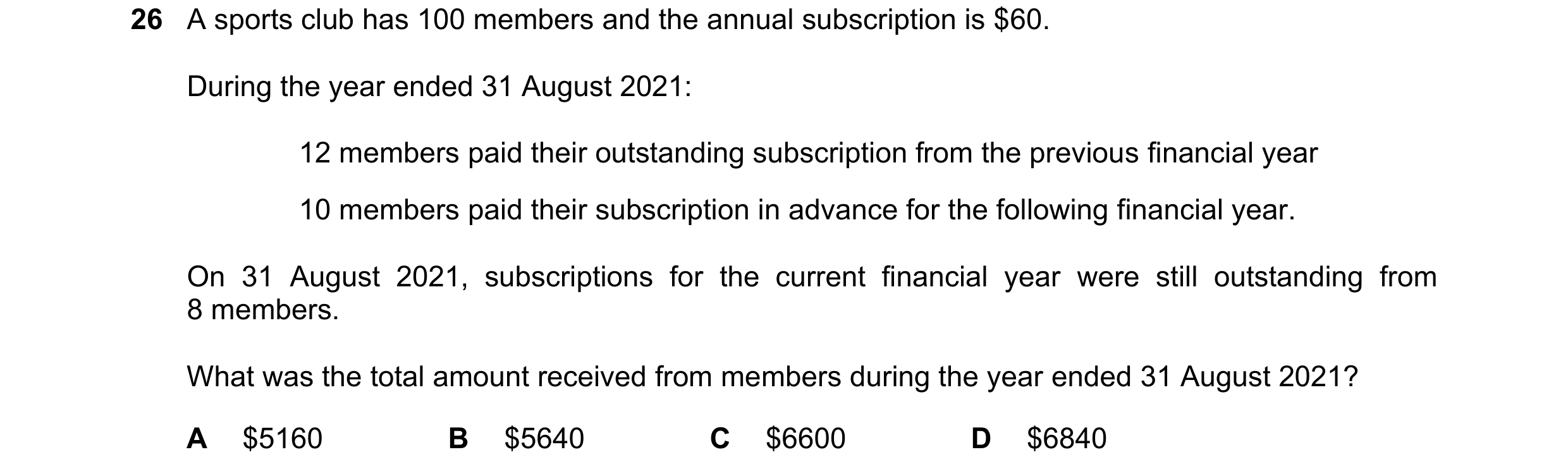 Question 15: A sports club has 100 members and the annual subscription is $60. During the year ended 31 August 2021: 12 members paid their outstanding s…