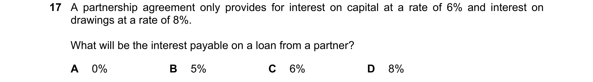 Question 282: A partnership agreement only provides for interest on capital at a rate of 6% and interest on drawings at a rate of 8%. What will be the in…