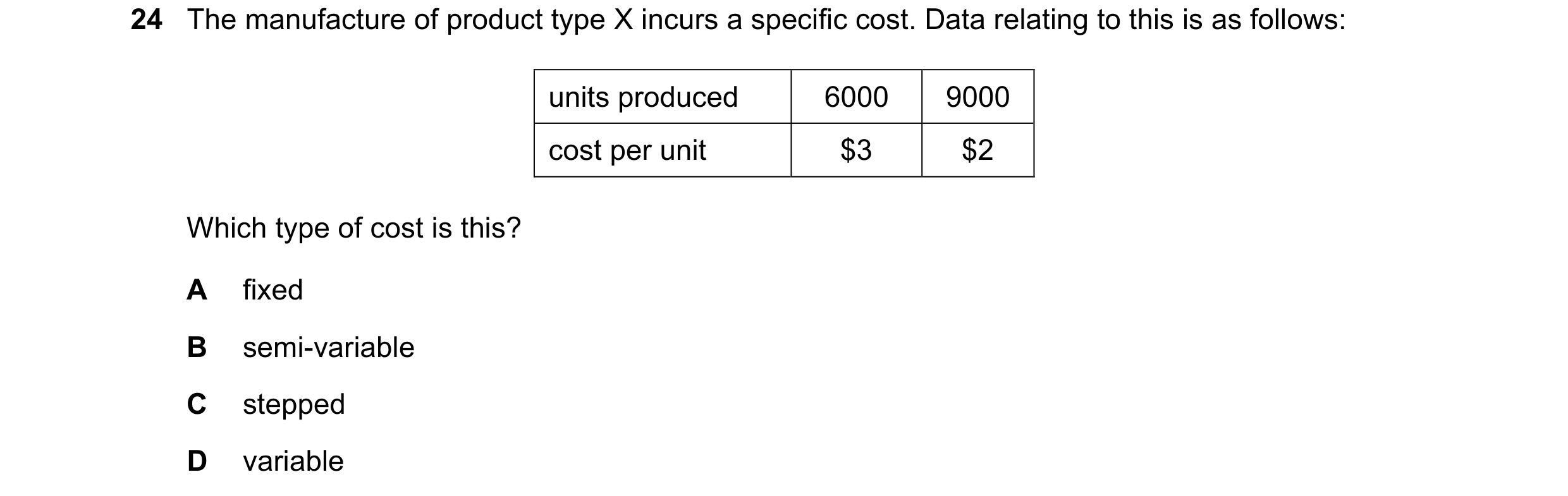 Question 384: The manufacture of product type X incurs a specific cost. Data relating to this is as follows: units produced 6000 9000 cost per unit $3 $2…