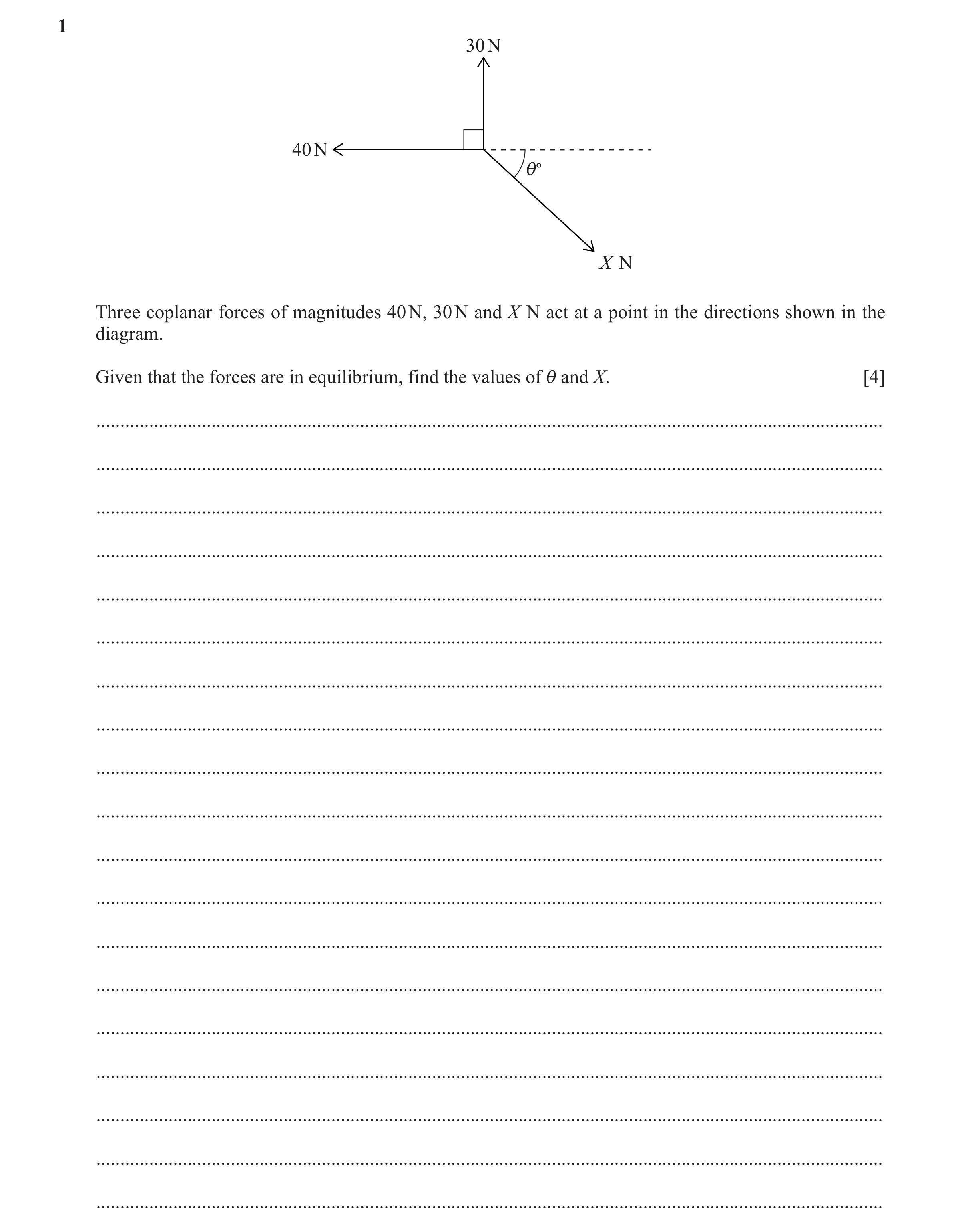 Question 202: 30 N 40 N i° X N Three coplanar forces of magnitudes 40 N, 30 N and X N act at a point in the directions shown in the diagram. Given that t…