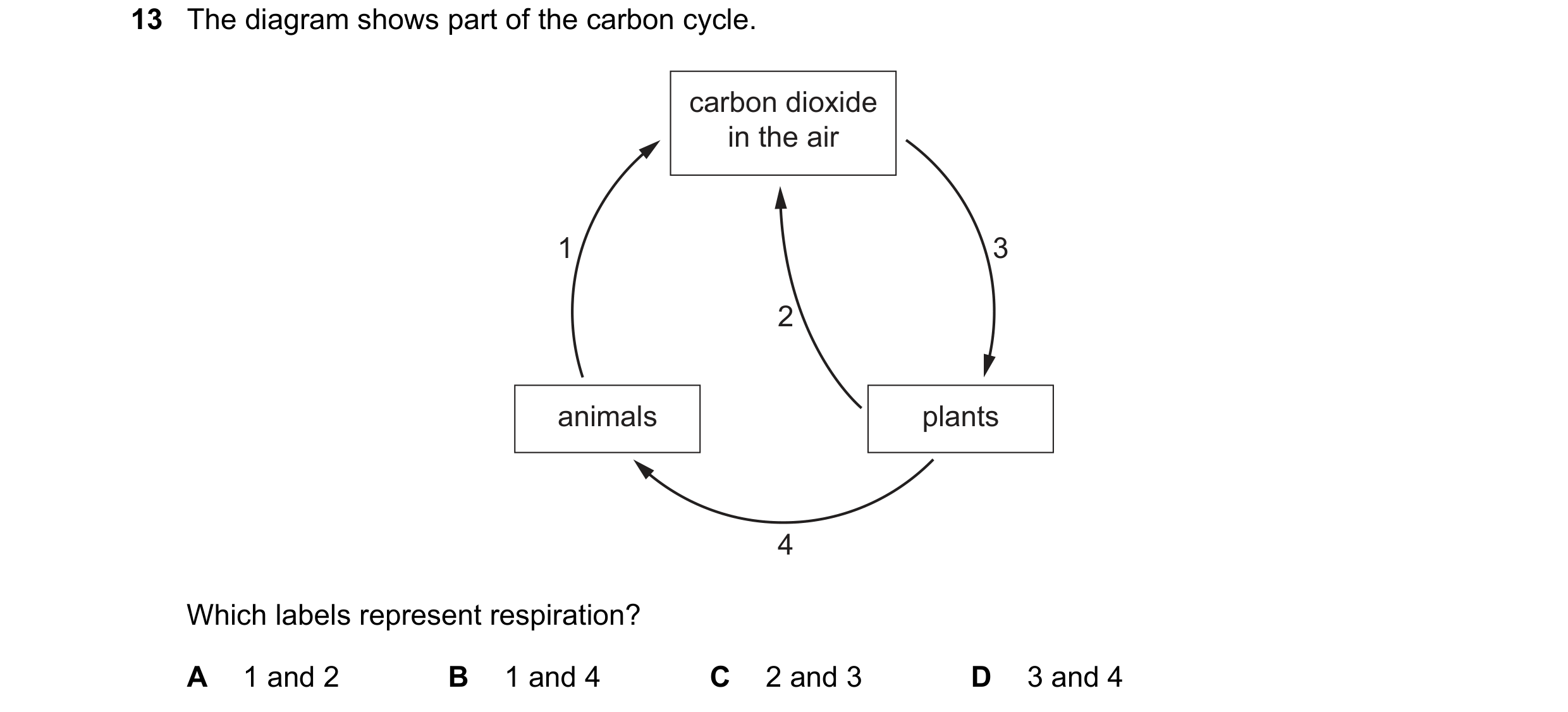 Question 42: The diagram shows part of the carbon cycle. carbon dioxide in the air 1 3 2 animals plants 4 Which labels represent respiration? A 1 and 2 …