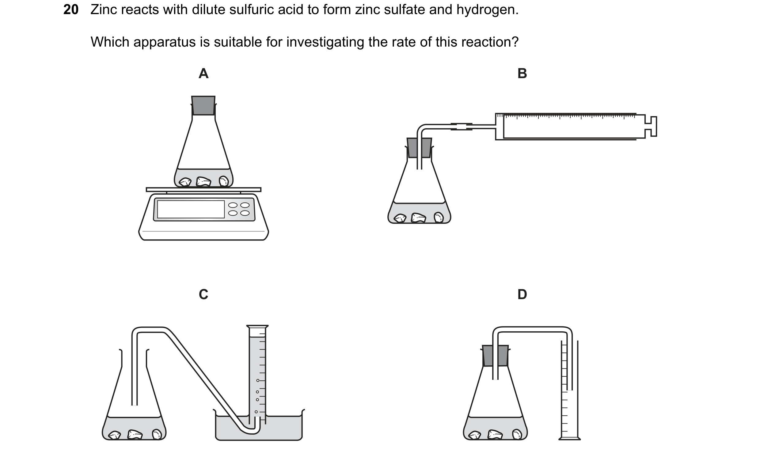 Question 13: Zinc reacts with dilute sulfuric acid to form zinc sulfate and hydrogen. Which apparatus is suitable for investigating the rate of this rea…