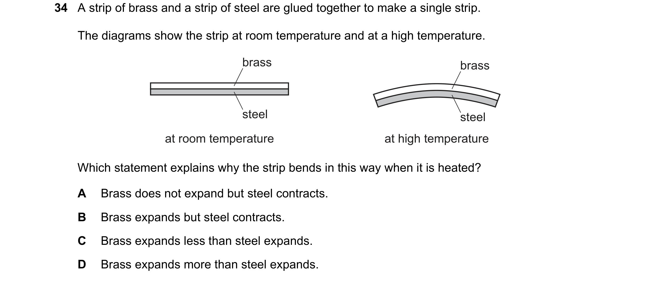 Question 43: A strip of brass and a strip of steel are glued together to make a single strip. The diagrams show the strip at room temperature and at a h…