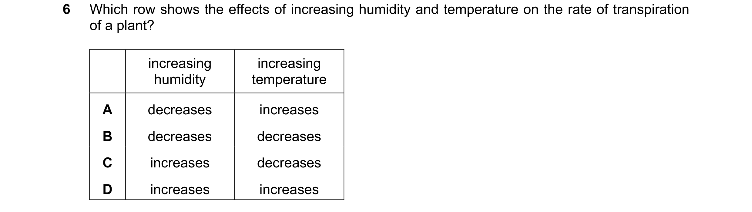 Question 39: Which row shows the effects of increasing humidity and temperature on the rate of transpiration of a plant? increasing increasing humidity …