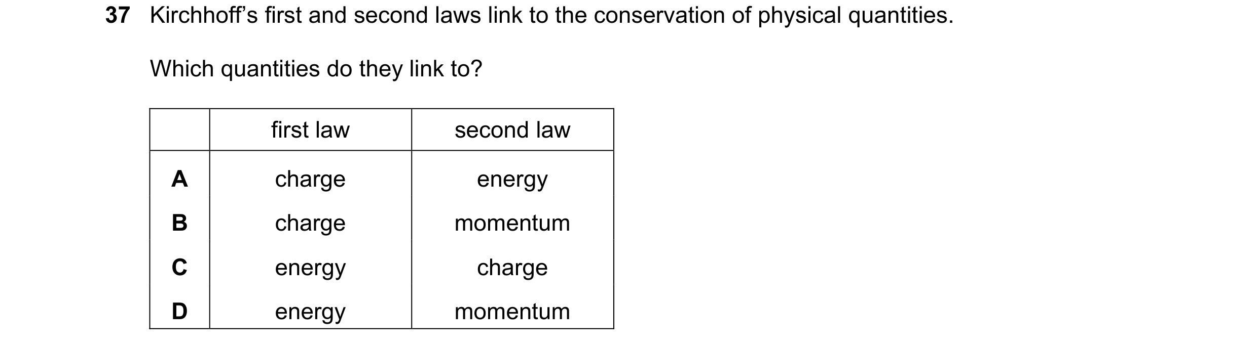Question 51: Kirchhoff’s first and second laws link to the conservation of physical quantities. Which quantities do they link to? first law second law A…