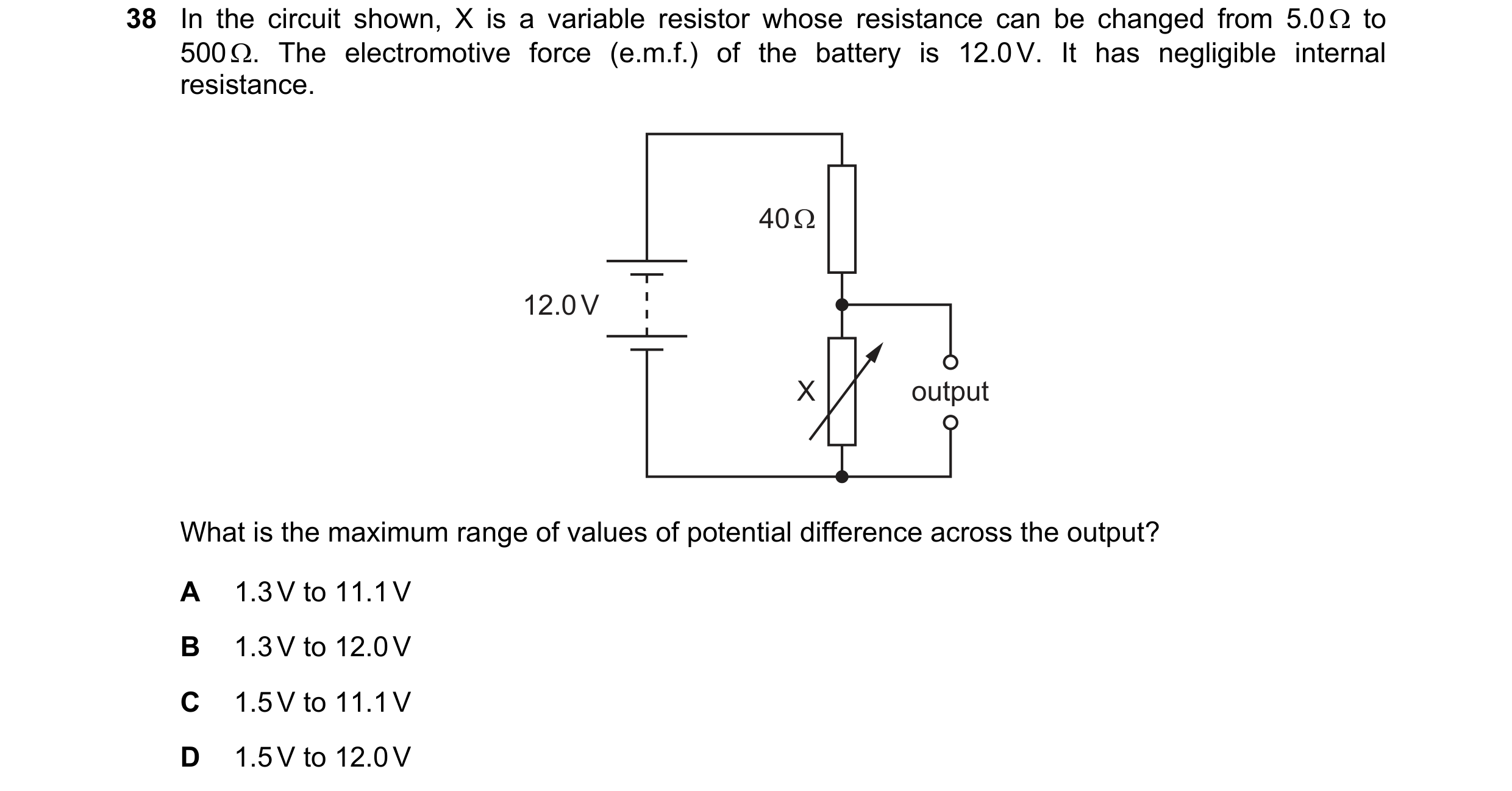 Question 82: In the circuit shown, X is a variable resistor whose resistance can be changed from 5.0 Ω to 500 Ω. The electromotive force (e.m.f.) of the…
