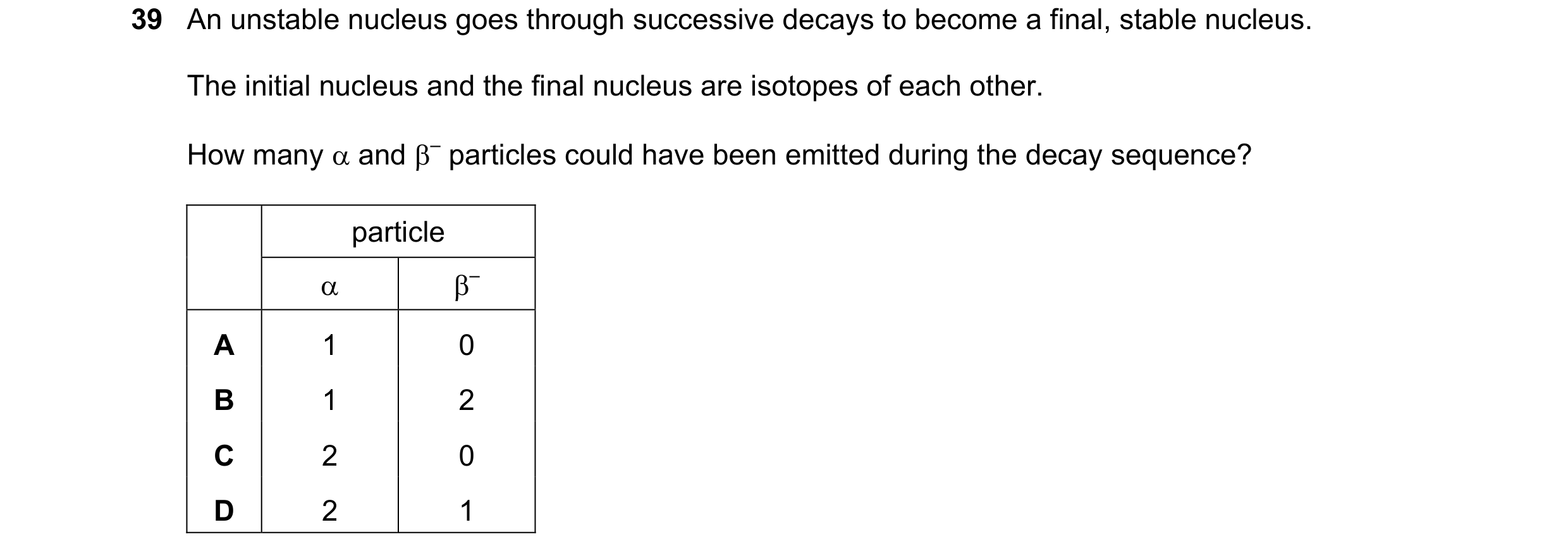 Question 57: An unstable nucleus goes through successive decays to become a final, stable nucleus. The initial nucleus and the final nucleus are isotope…