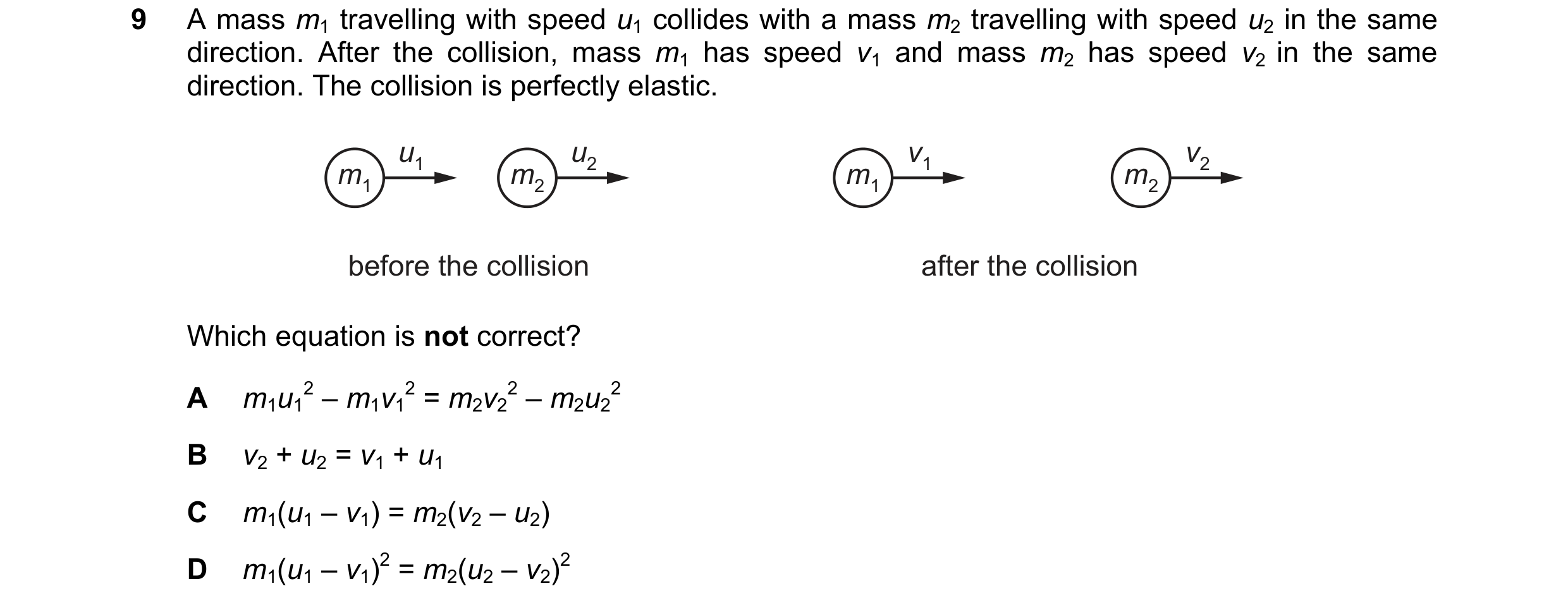 Question 136: A mass m1 travelling with speed u1 collides with a mass m2 travelling with speed u2 in the same direction. After the collision, mass m1 has…
