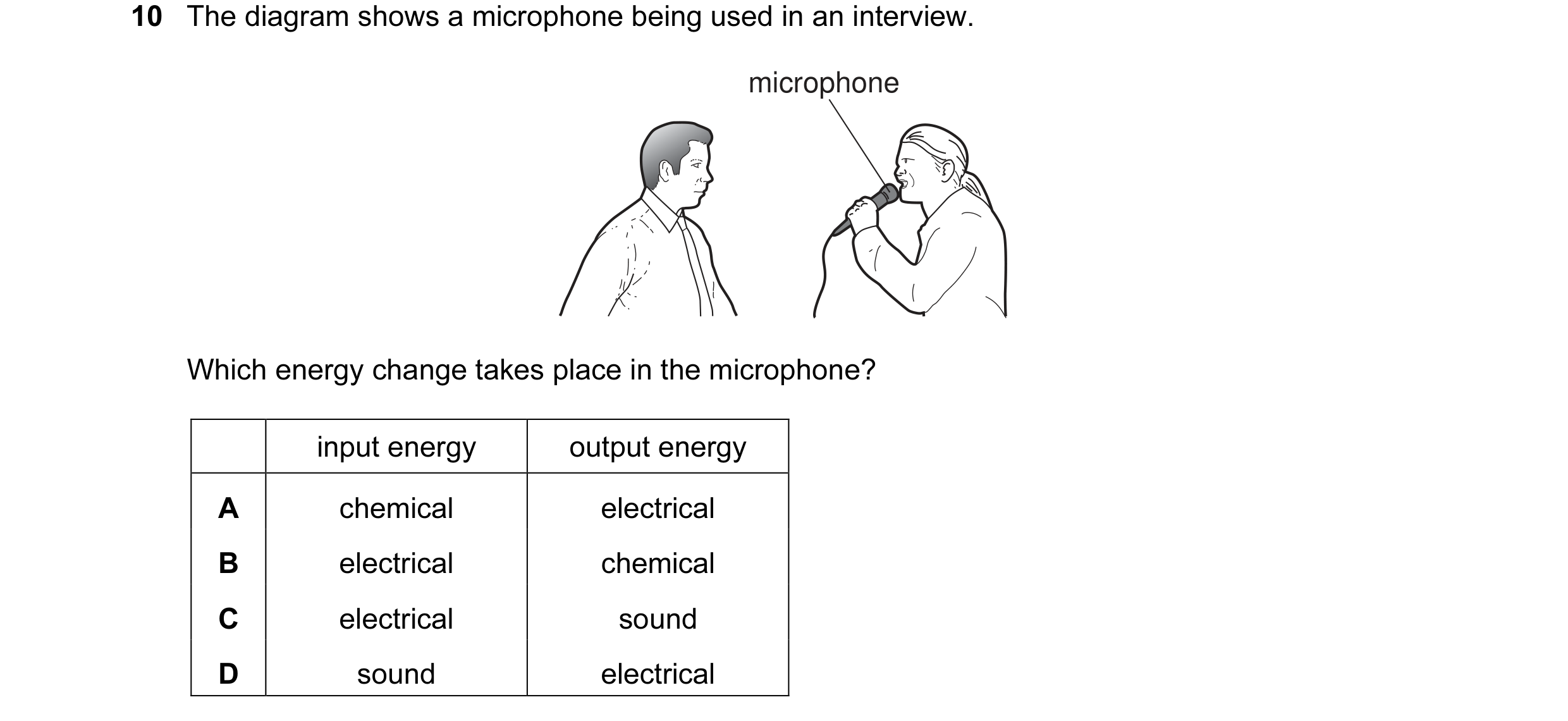 Question 24: The diagram shows a microphone being used in an interview. microphone Which energy change takes place in the microphone? input energy outpu…