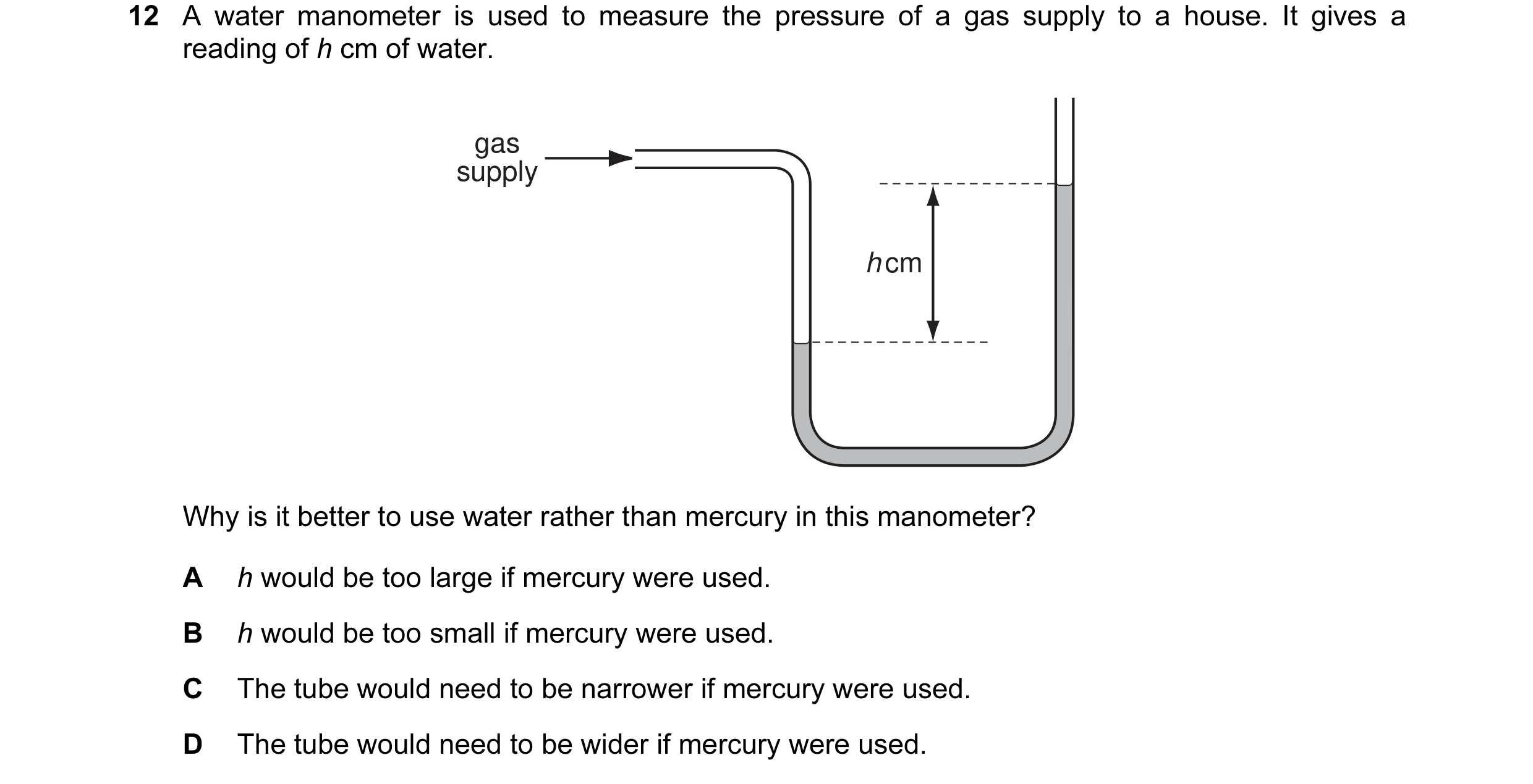Question 24: A water manometer is used to measure the pressure of a gas supply to a house. It gives a reading of h cm of water. gas supply h cm Why is i…