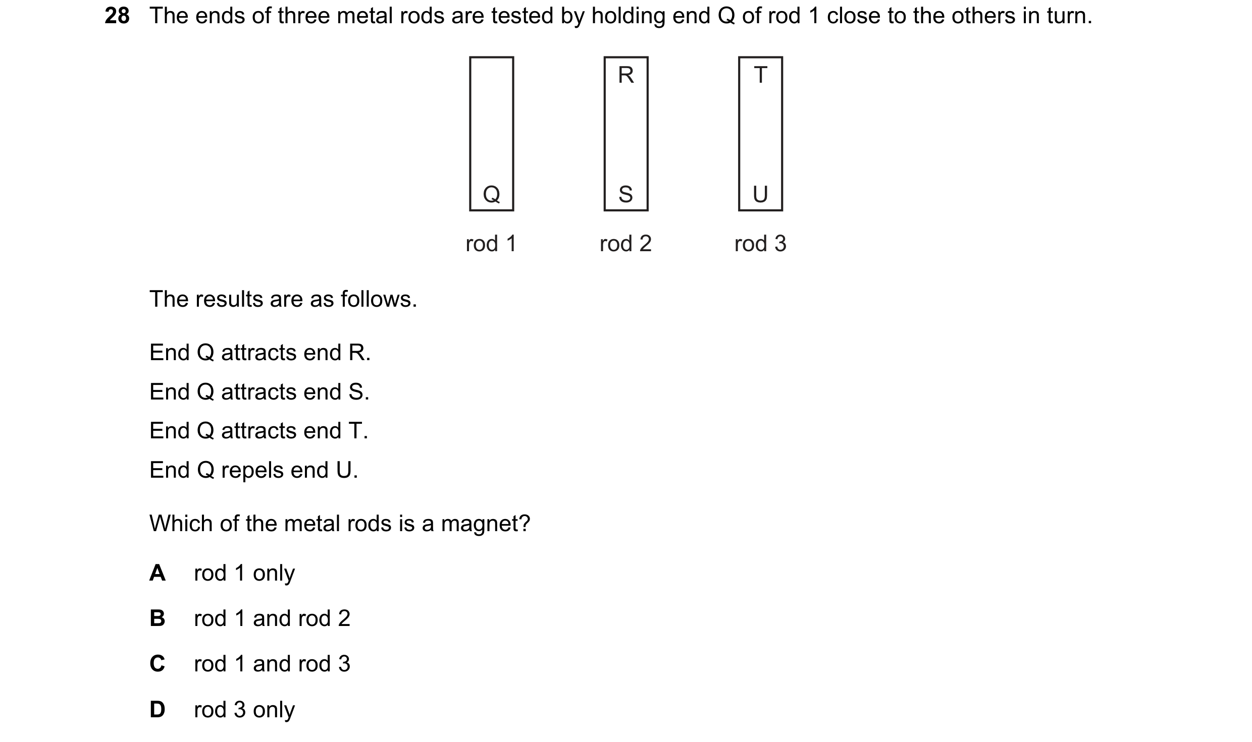 Question 46: The ends of three metal rods are tested by holding end Q of rod 1 close to the others in turn. R T Q S U rod 1 rod 2 rod 3 The results are …