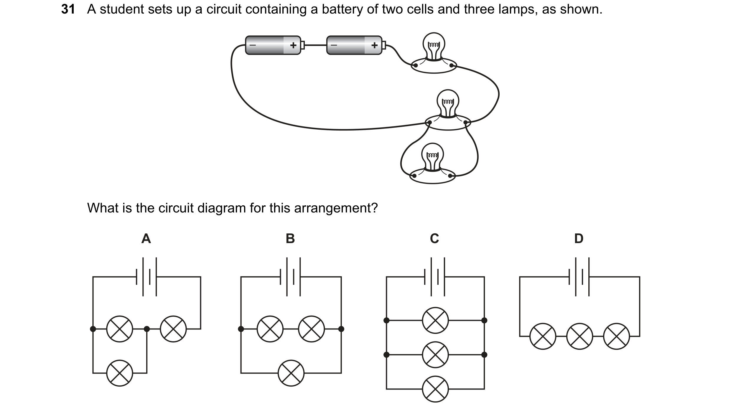 Question 94: A student sets up a circuit containing a battery of two cells and three lamps, as shown. – + – + What is the circuit diagram for this arran…
