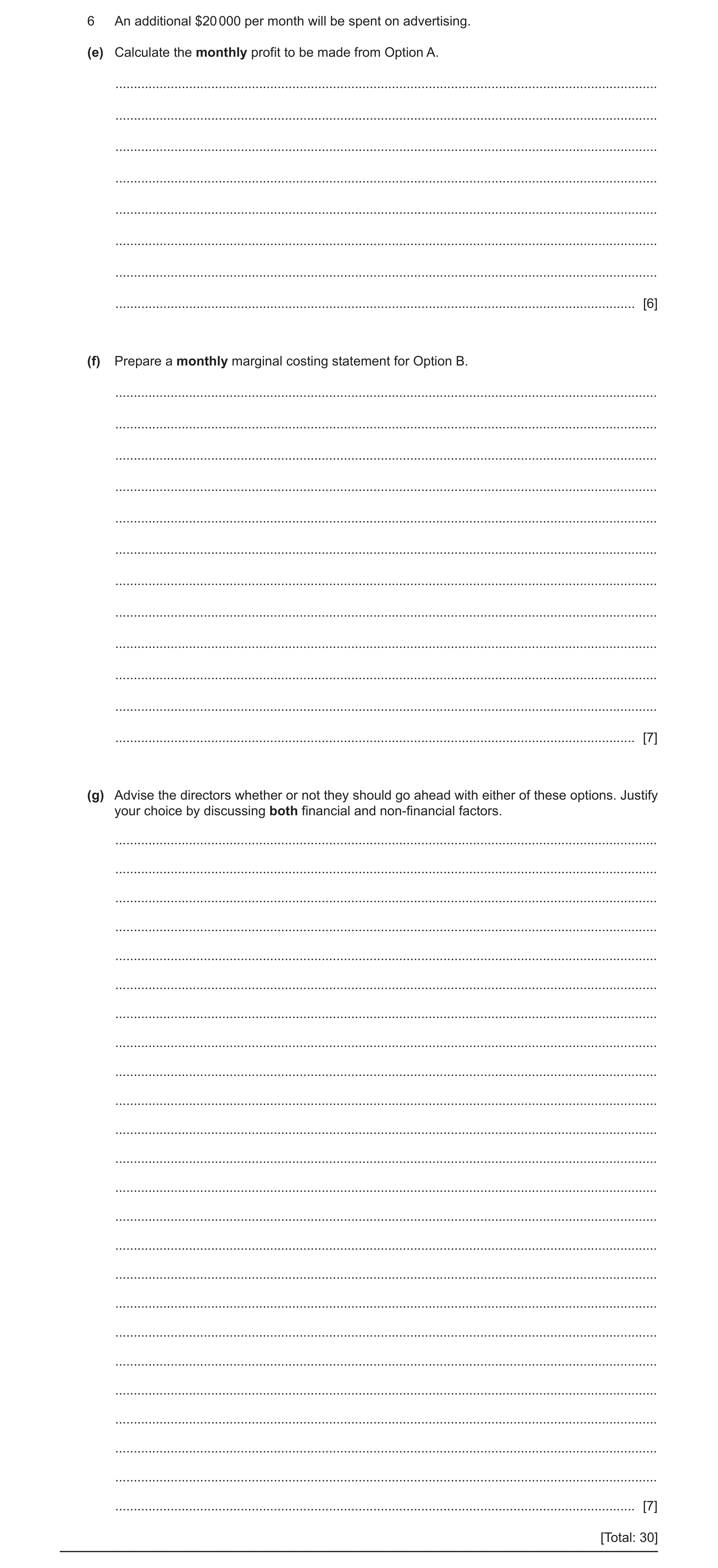 Question 21: An additional $20 000 per month will be spent on advertising. (e) Calculate the monthly profit to be made from Option A. ..................…