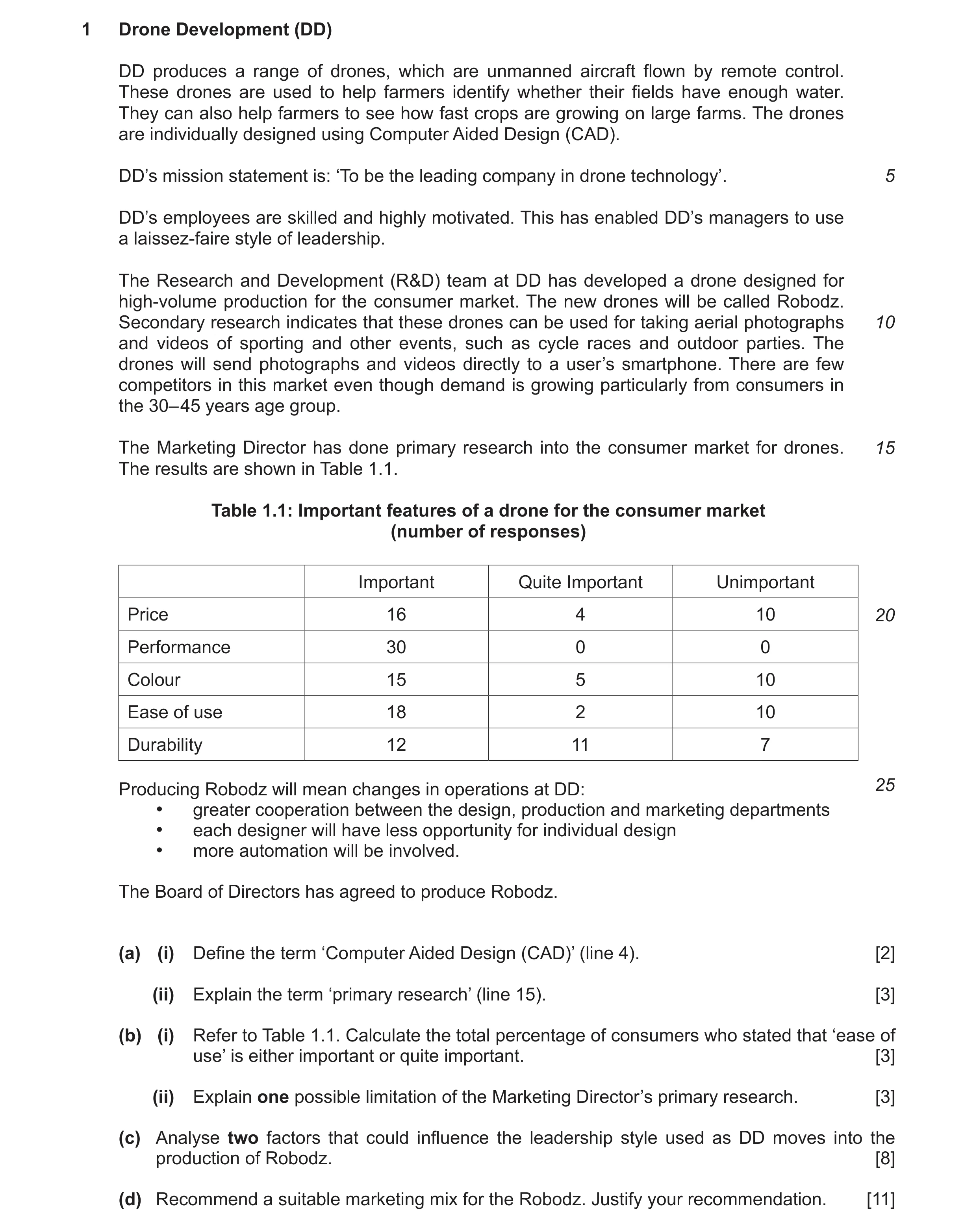 Question 13: Drone Development (DD) DD produces a range of drones, which are unmanned aircraft flown by remote control. These drones are used to help fa…