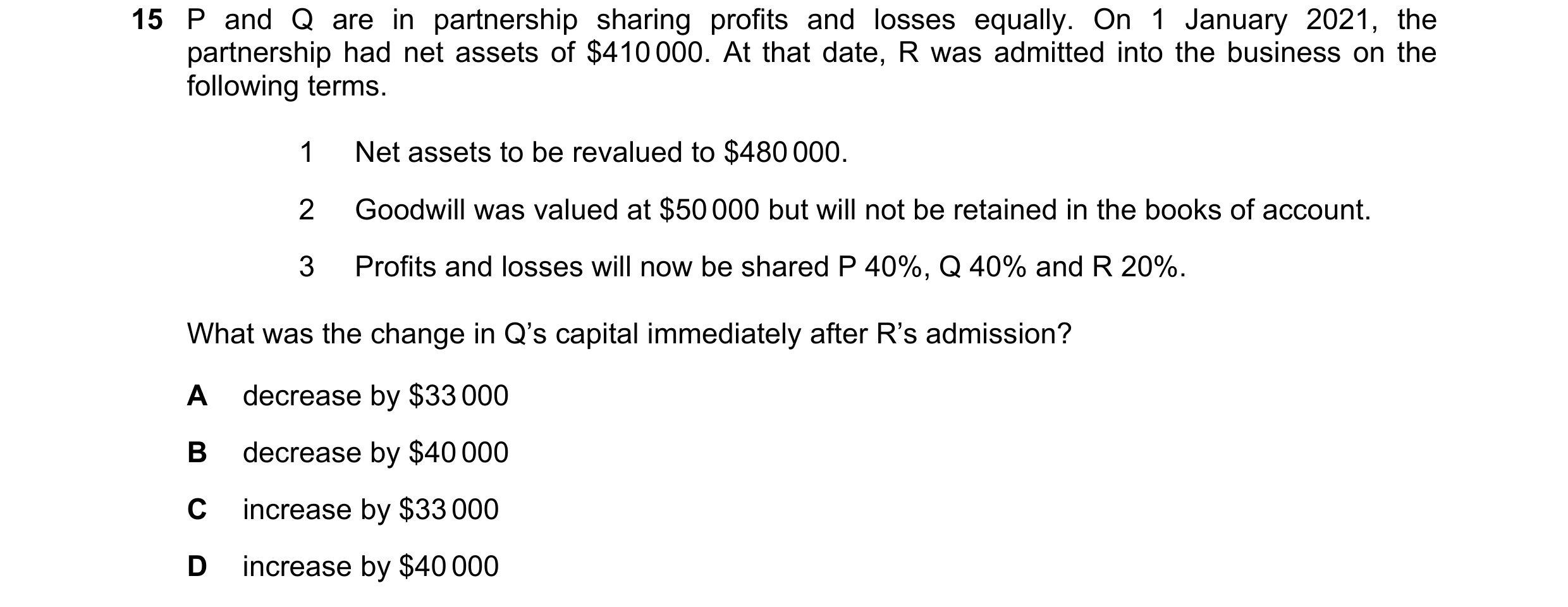 Question 142: P and Q are in partnership sharing profits and losses equally. On 1 January 2021, the partnership had net assets of $410 000. At that date,…