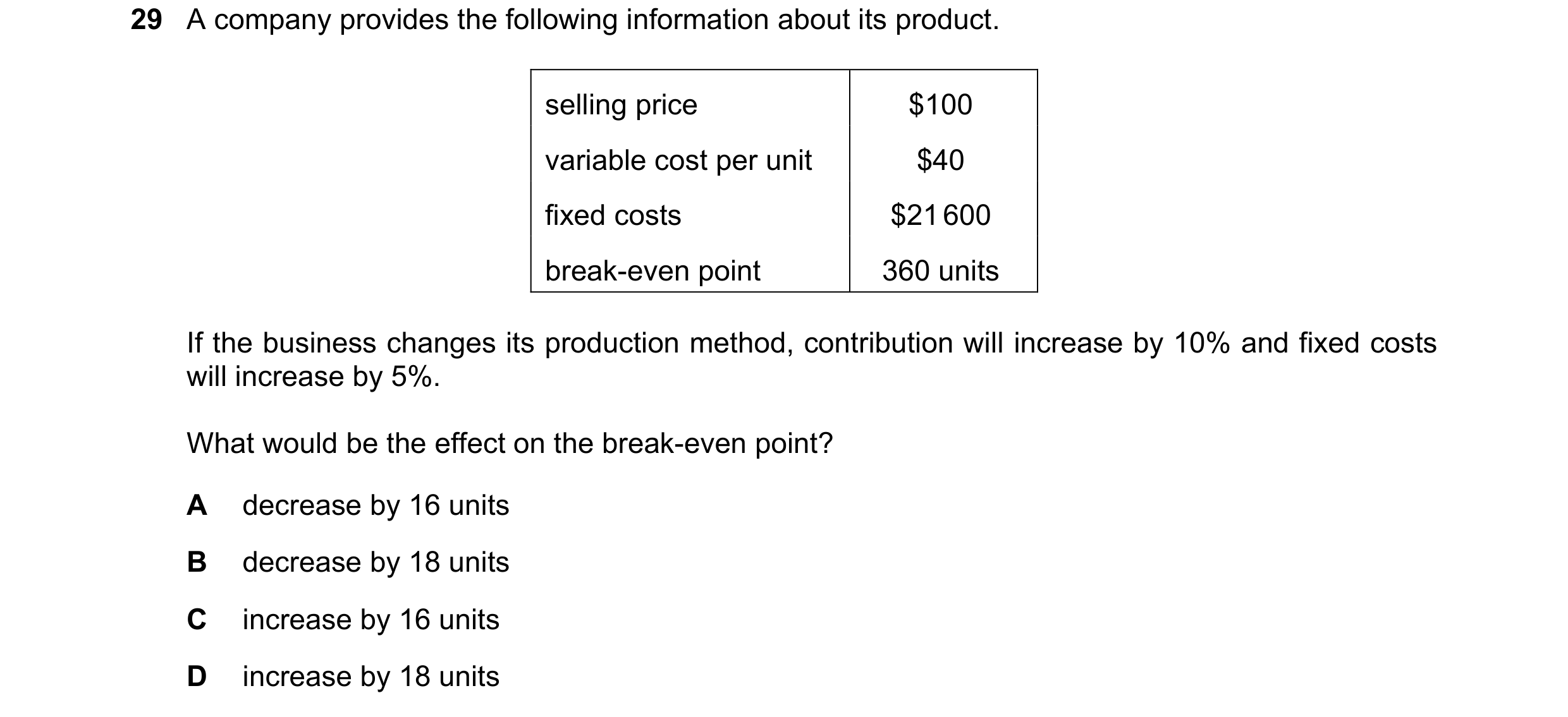 Question 446: A company provides the following information about its product. selling price $100 variable cost per unit $40 fixed costs $21 600 break-eve…