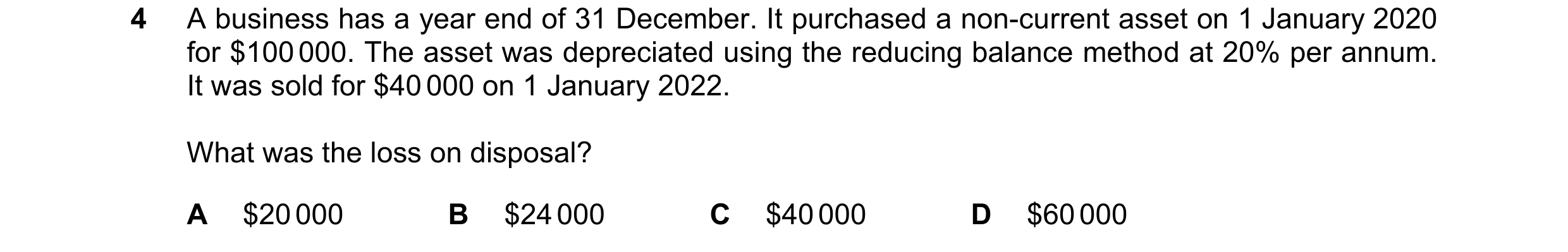 Question 222: A business has a year end of 31 December. It purchased a non-current asset on 1 January 2020 for $100 000. The asset was depreciated using …
