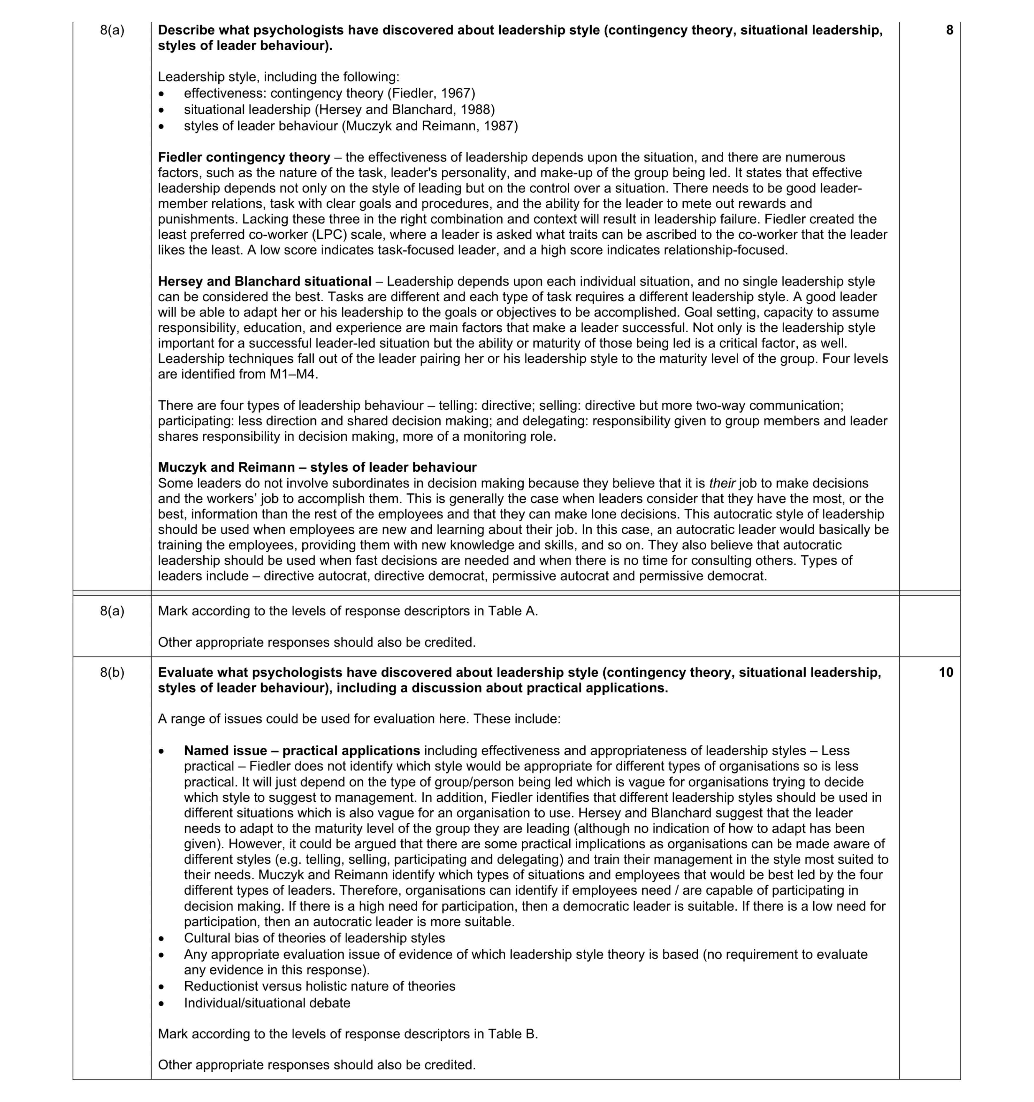 Mark scheme for question 8